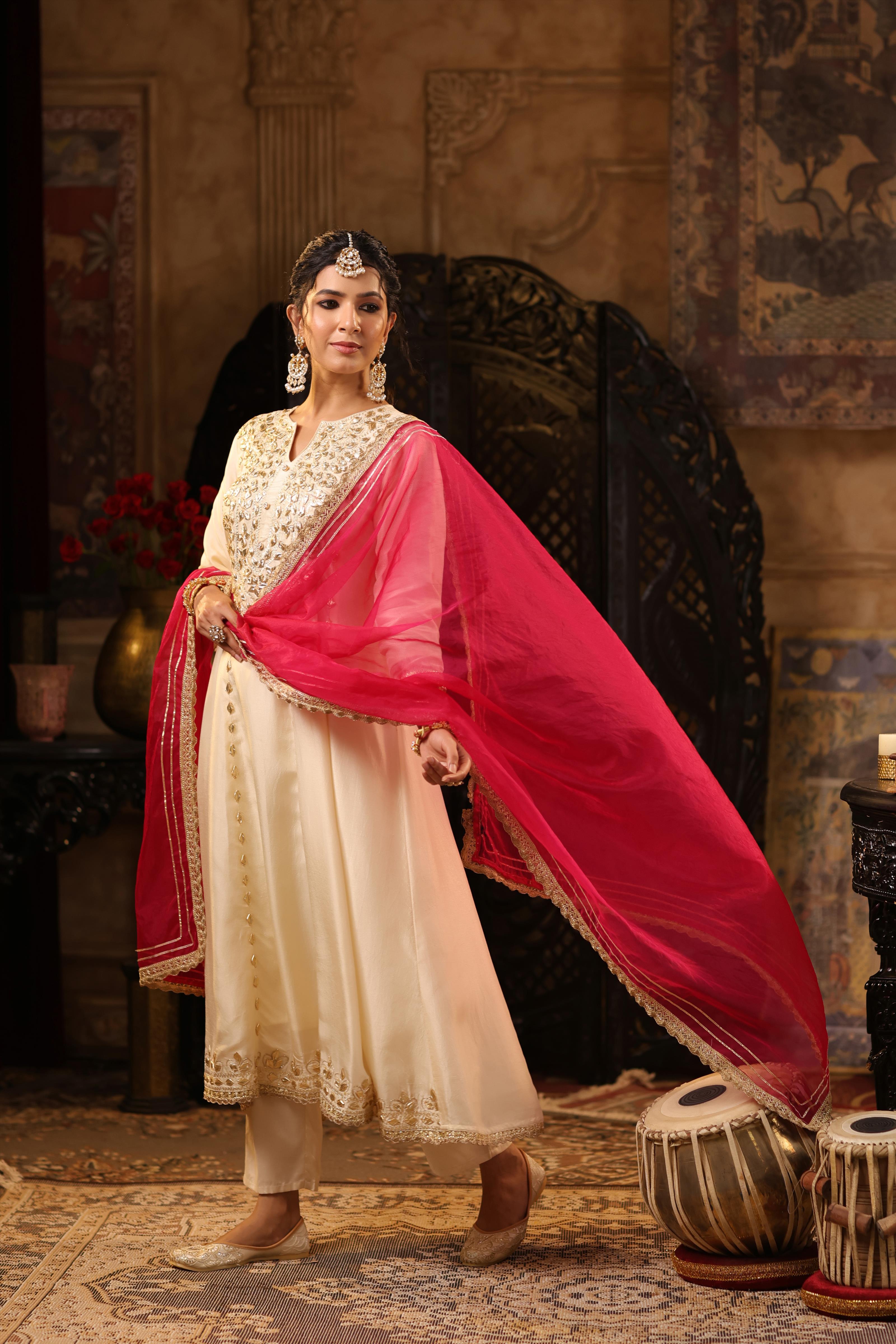 Ivory-Fuchsia Dupion Silk Gota Work Anarkali Set