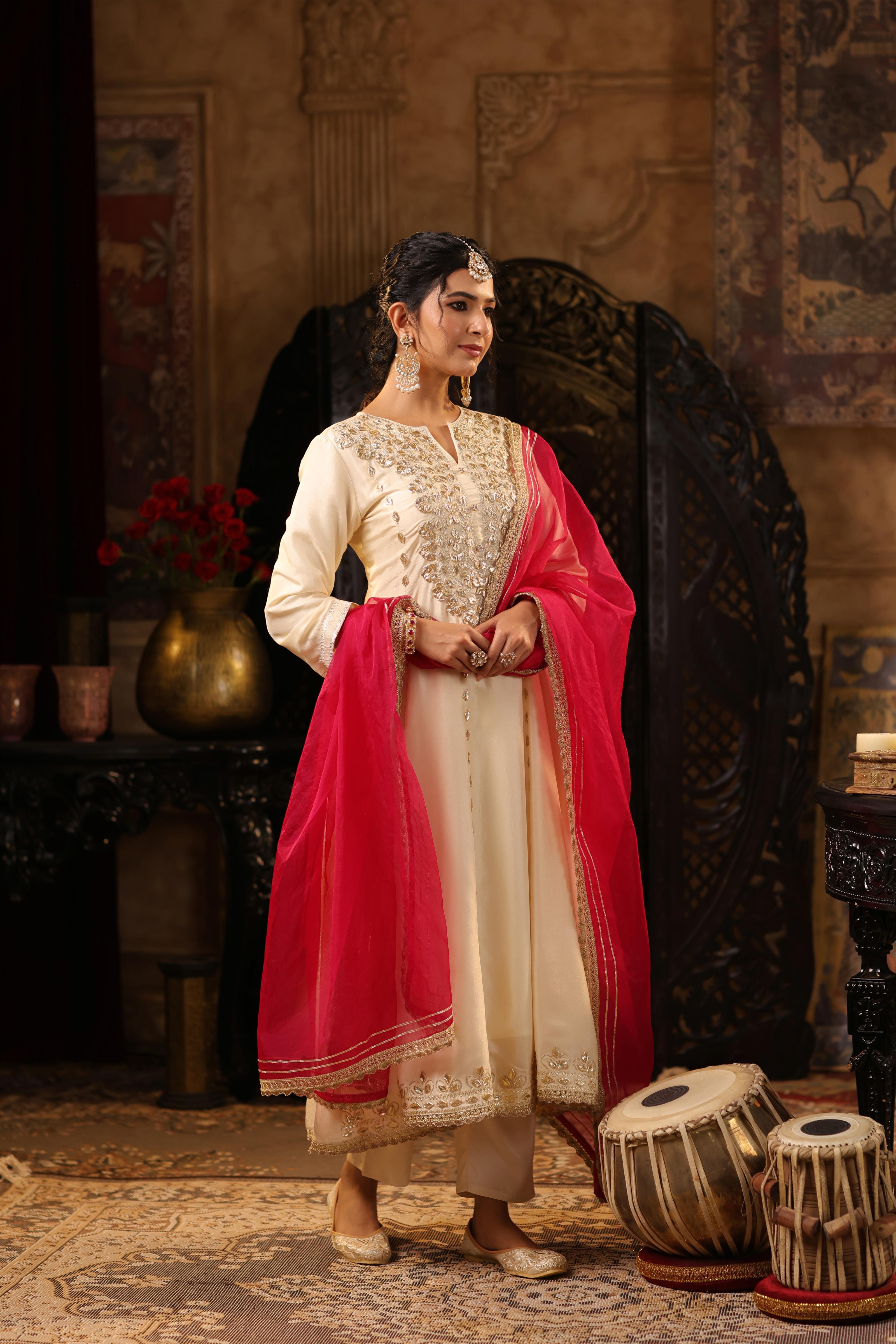 Ivory-Fuchsia Dupion Silk Gota Work Anarkali Set