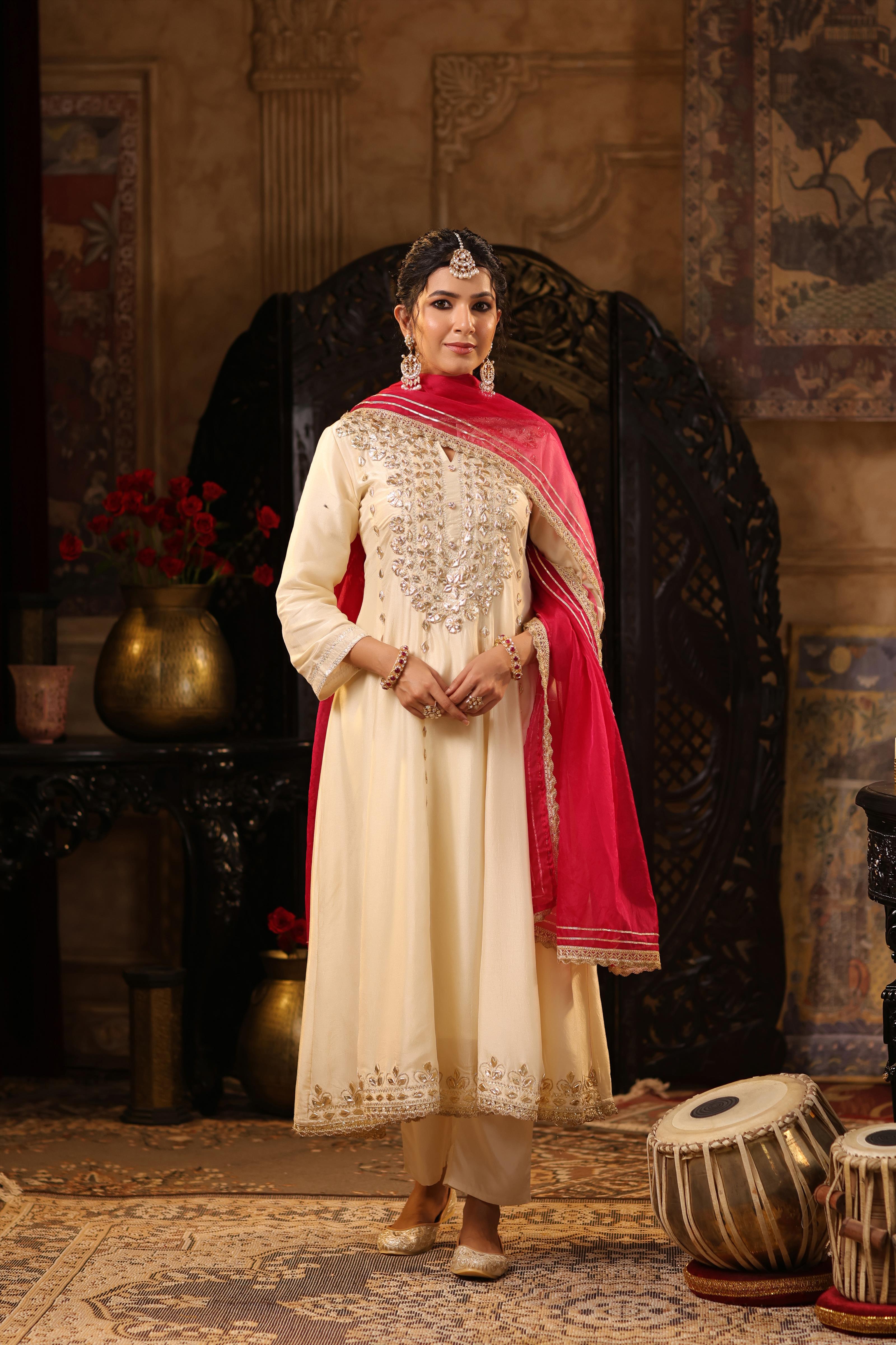 Ivory-Fuchsia Dupion Silk Gota Work Anarkali Set