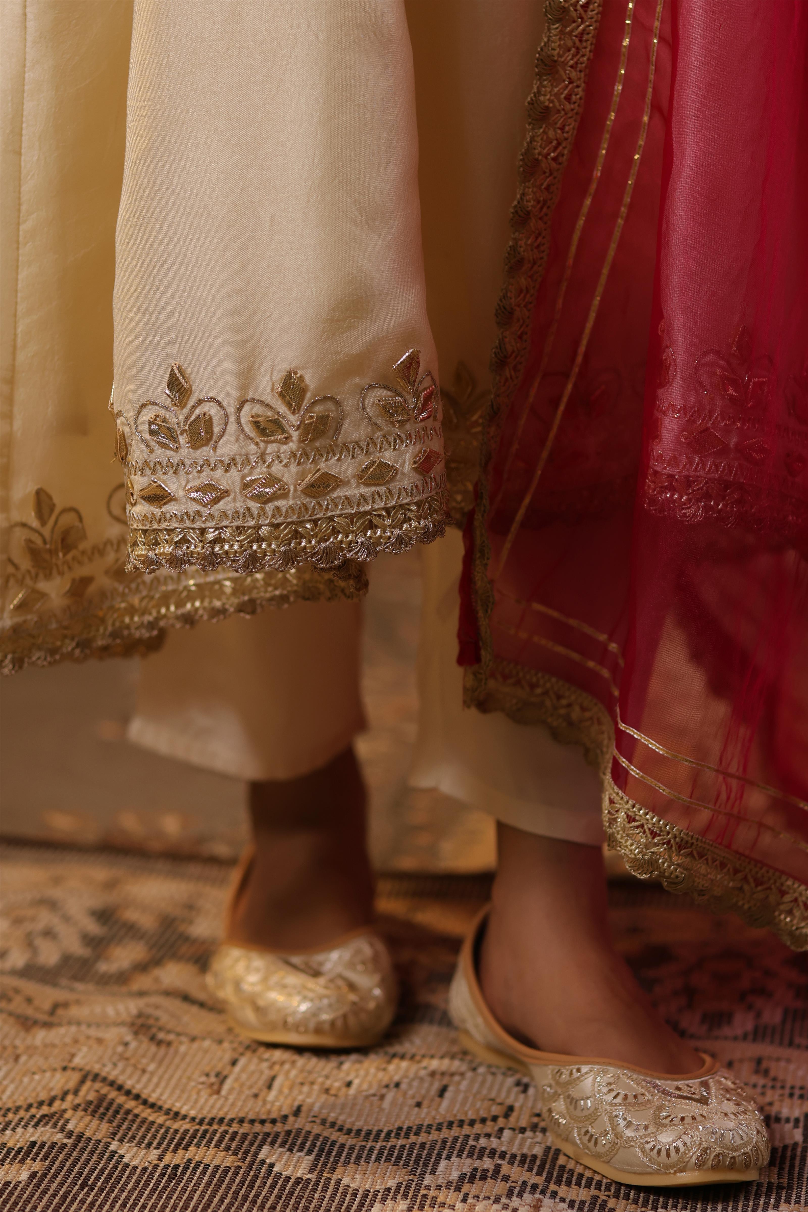 Ivory-Fuchsia Dupion Silk Gota Work Anarkali Set