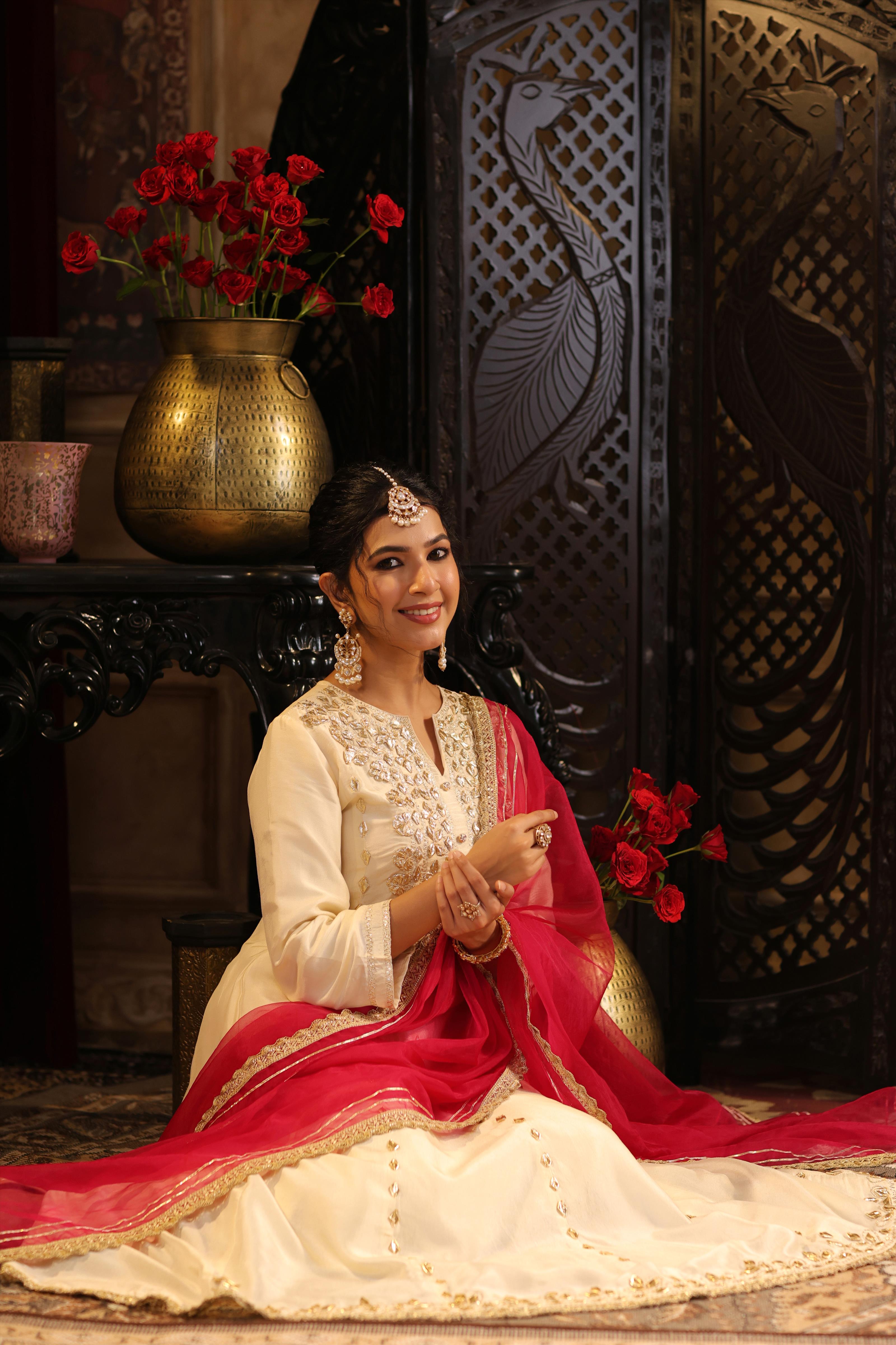 Ivory-Fuchsia Dupion Silk Gota Work Anarkali Set