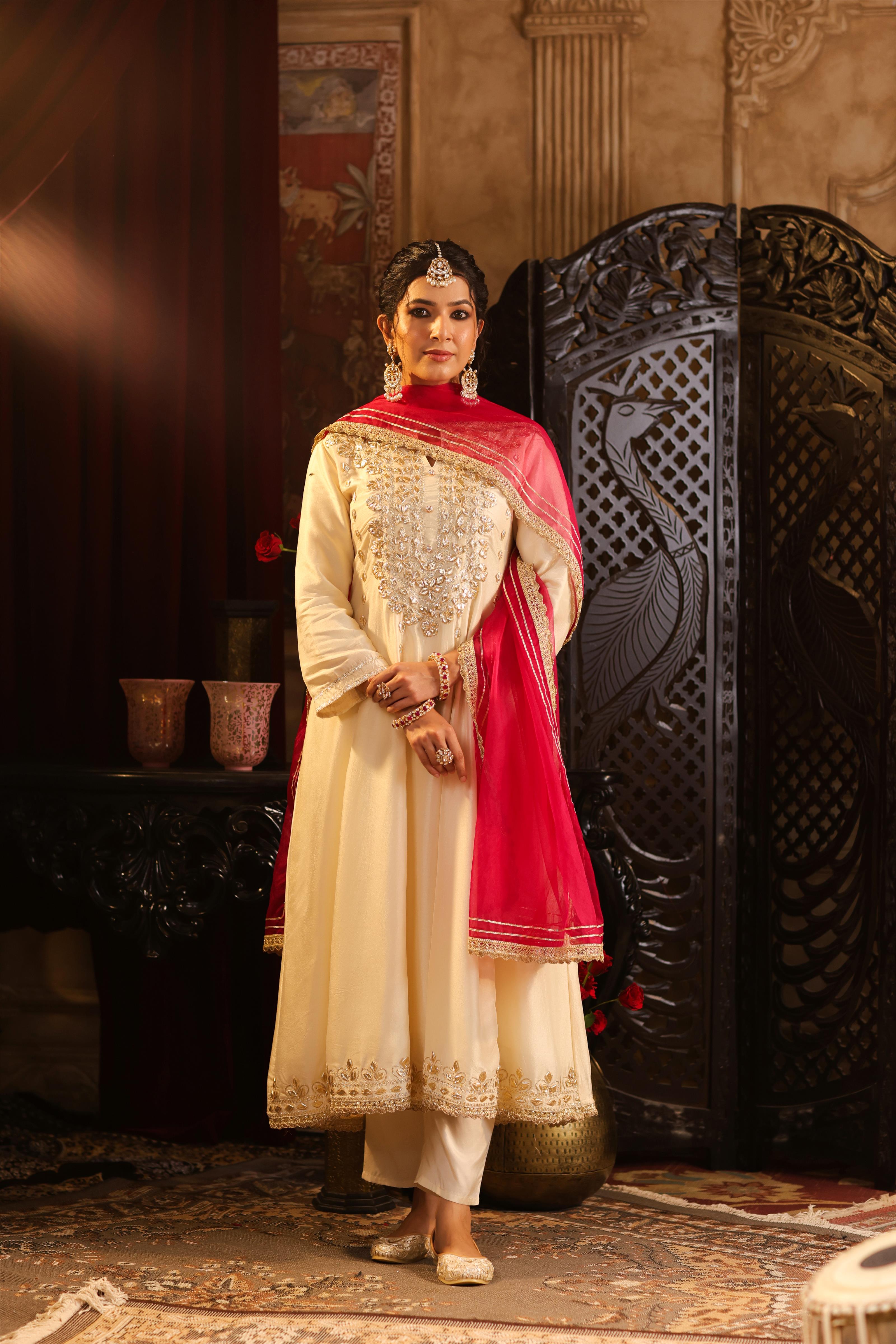 Ivory-Fuchsia Dupion Silk Gota Work Anarkali Set