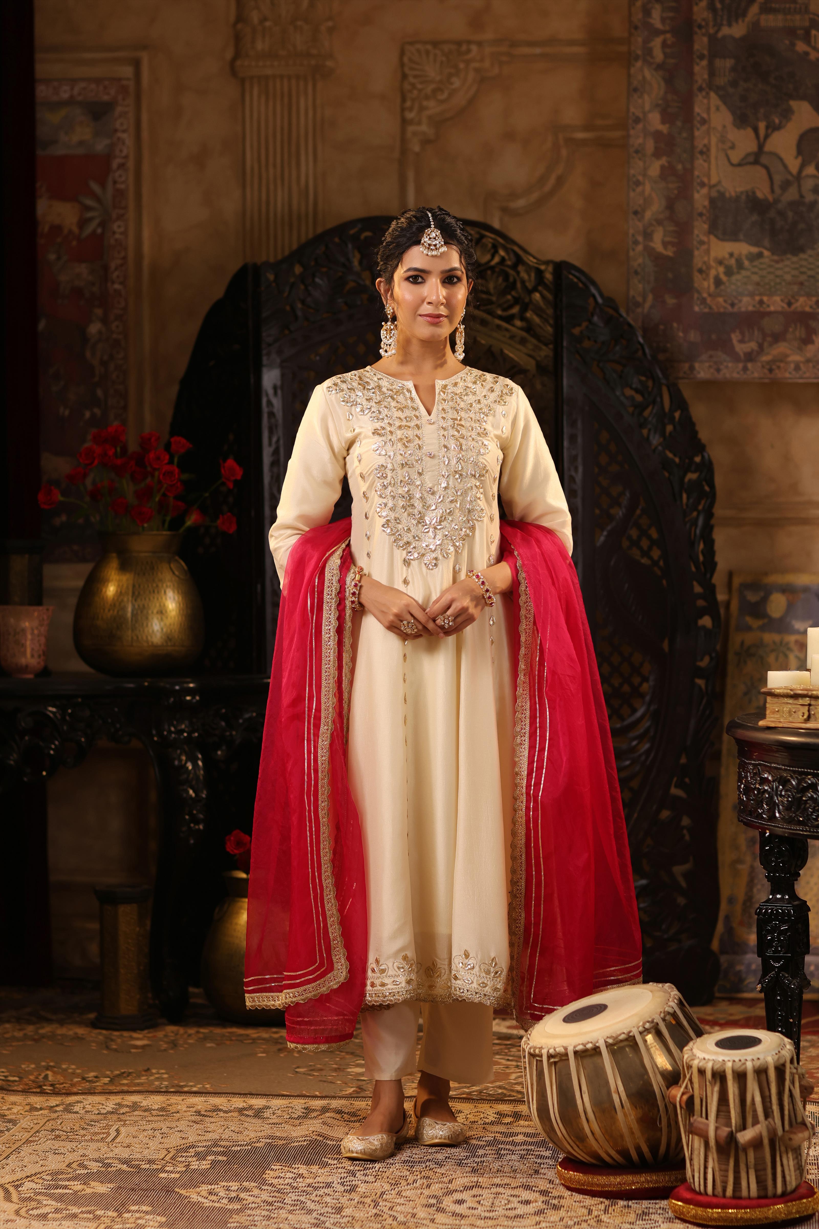 Ivory-Fuchsia Dupion Silk Gota Work Anarkali Set