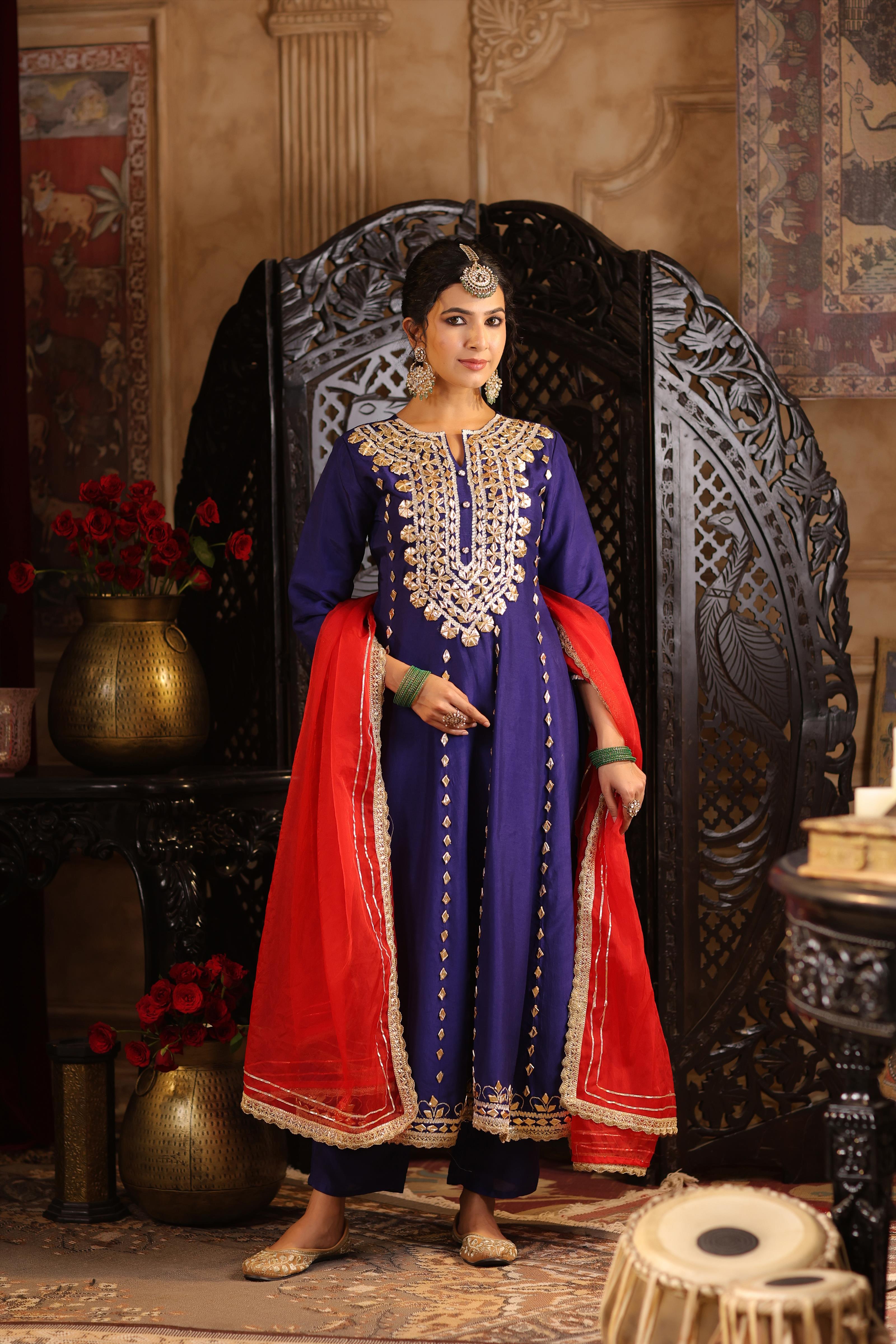 Navy Blue-Red Dupion Silk Gota Work Anarkali Set