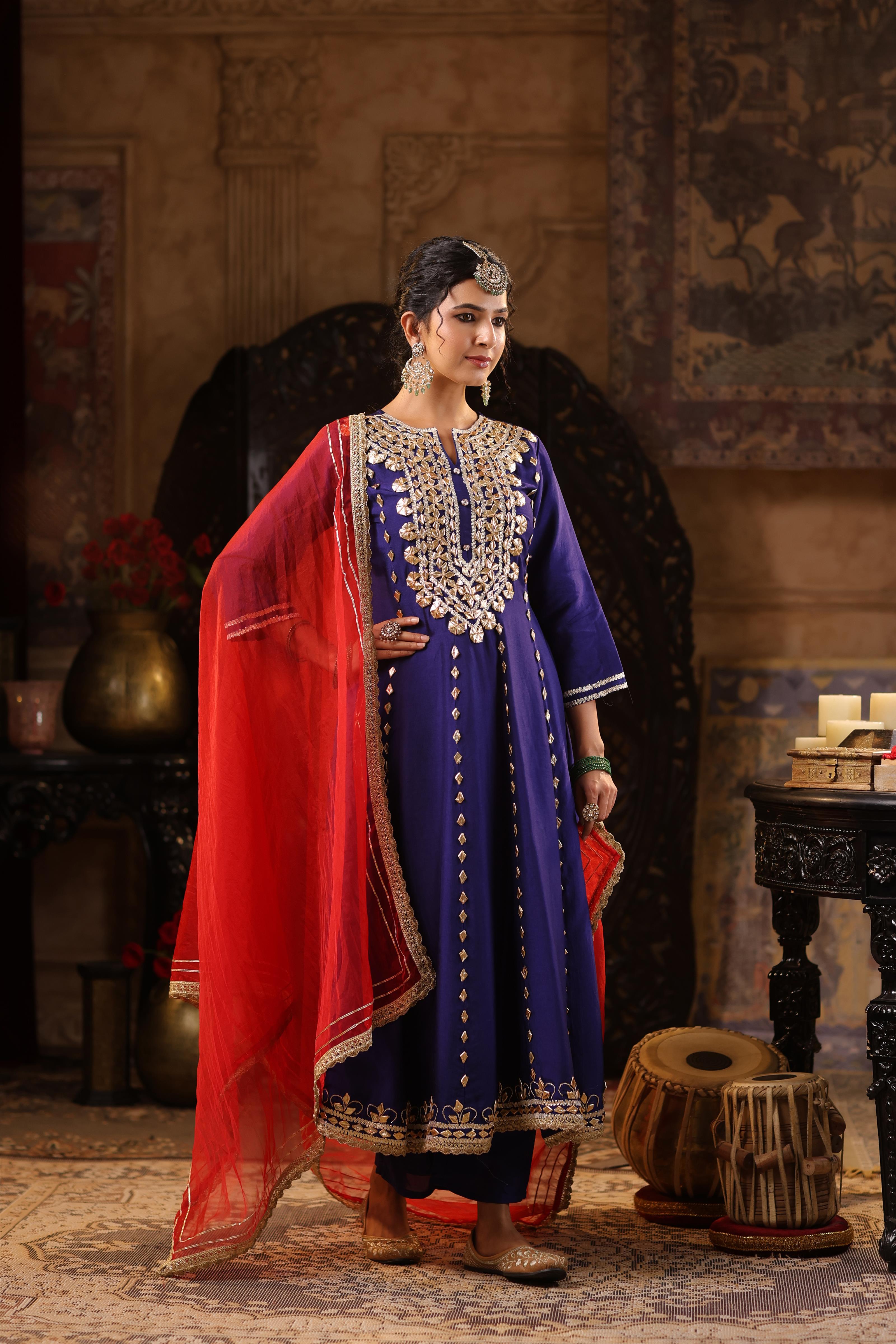 Navy Blue-Red Dupion Silk Gota Work Anarkali Set