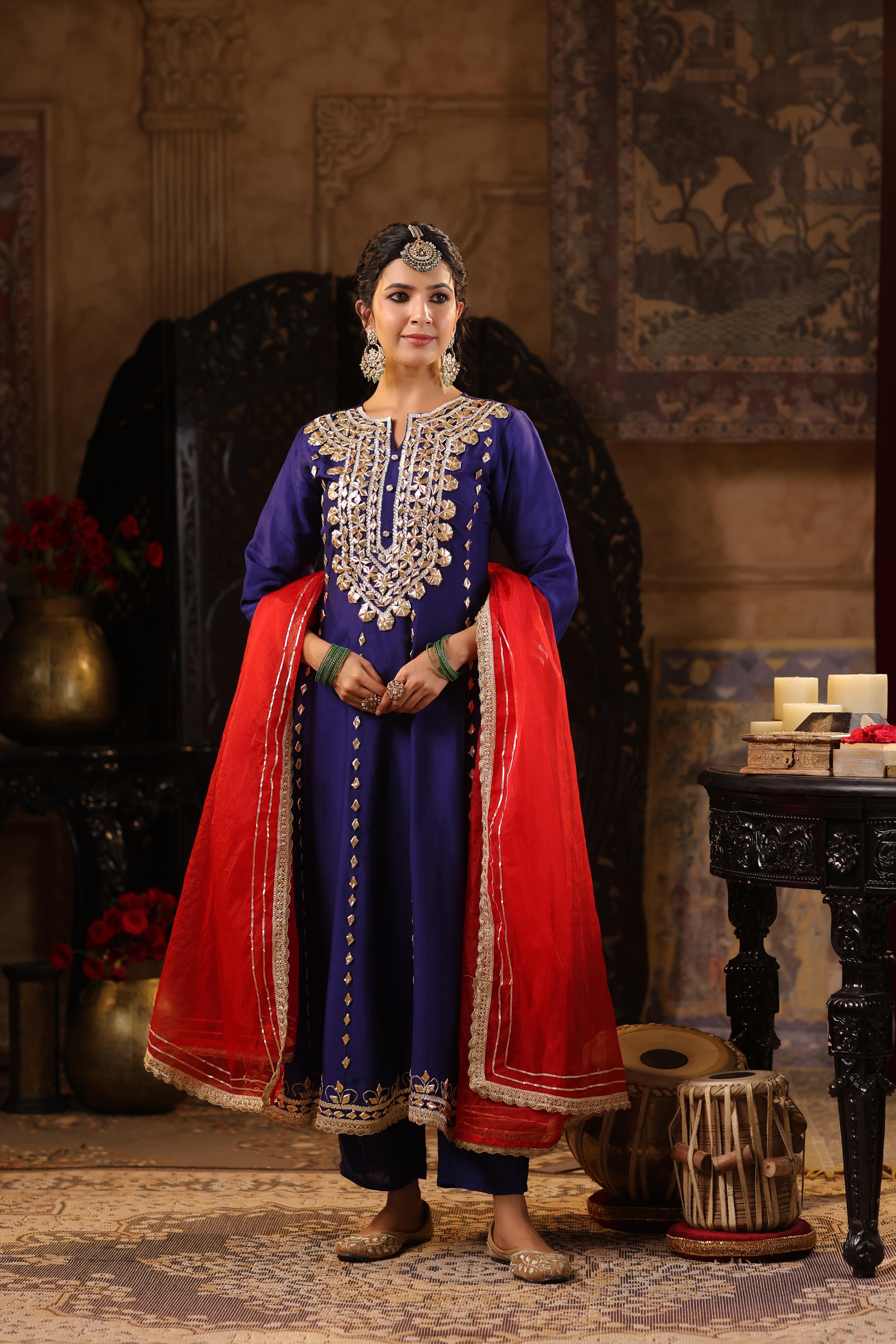 Navy Blue-Red Dupion Silk Gota Work Anarkali Set