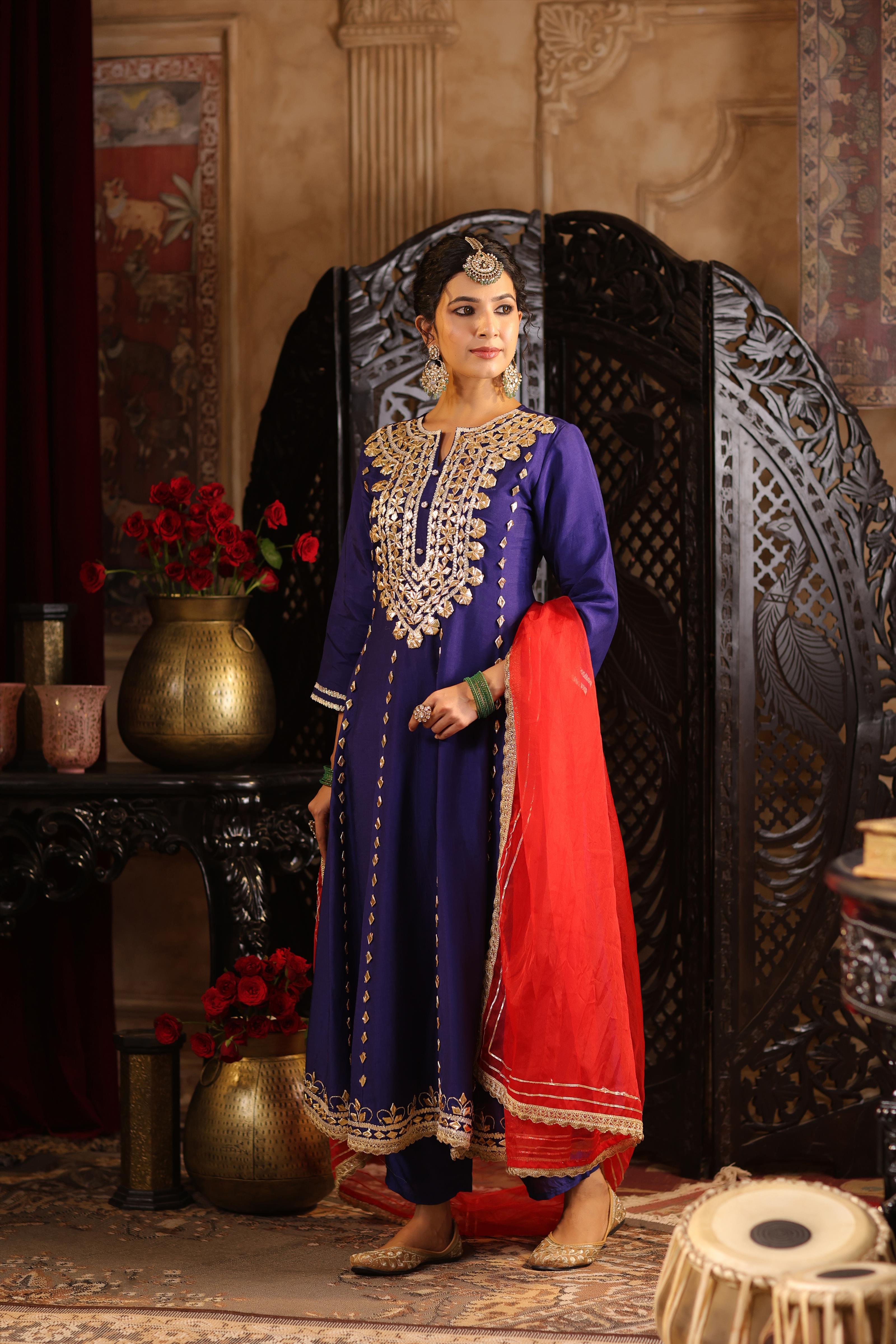 Navy Blue-Red Dupion Silk Gota Work Anarkali Set