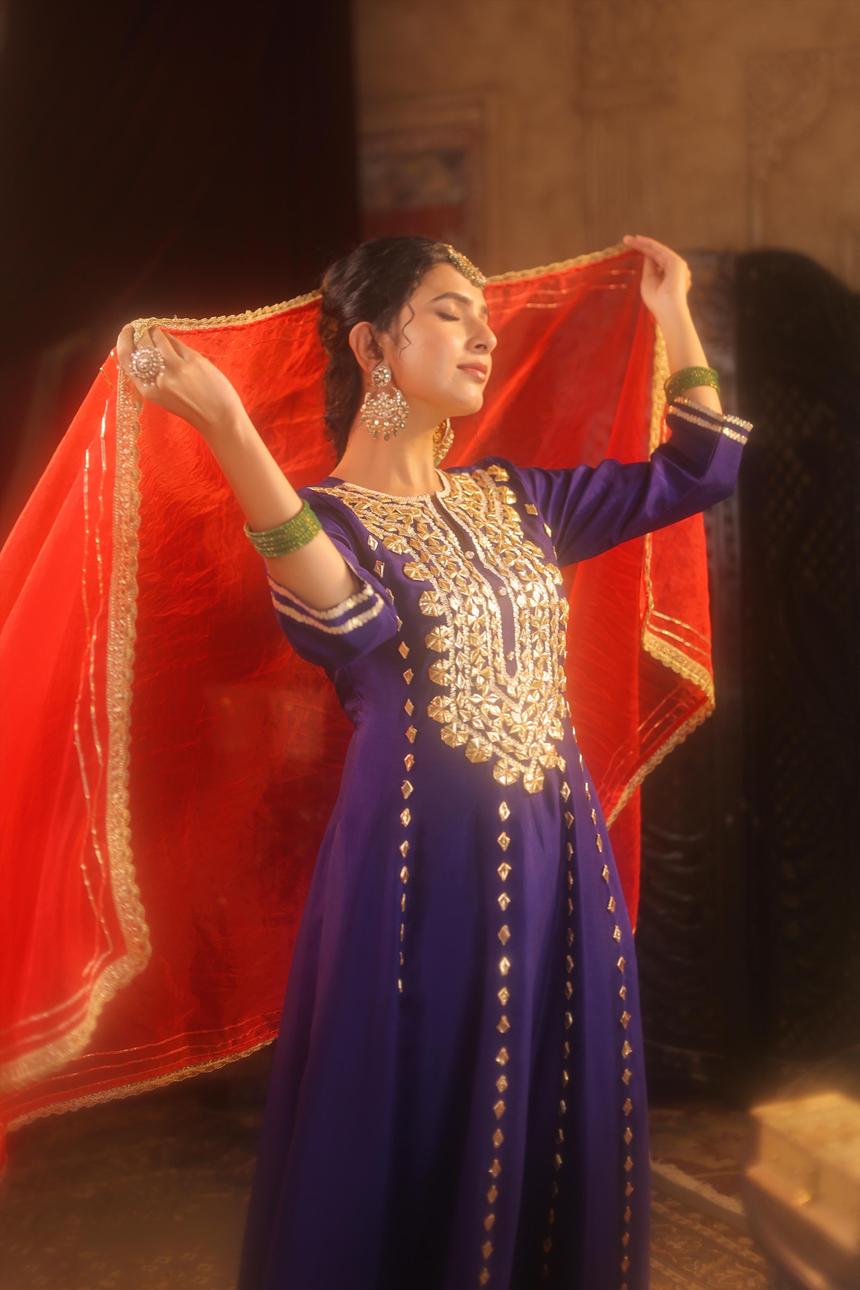 Navy Blue-Red Dupion Silk Gota Work Anarkali Set