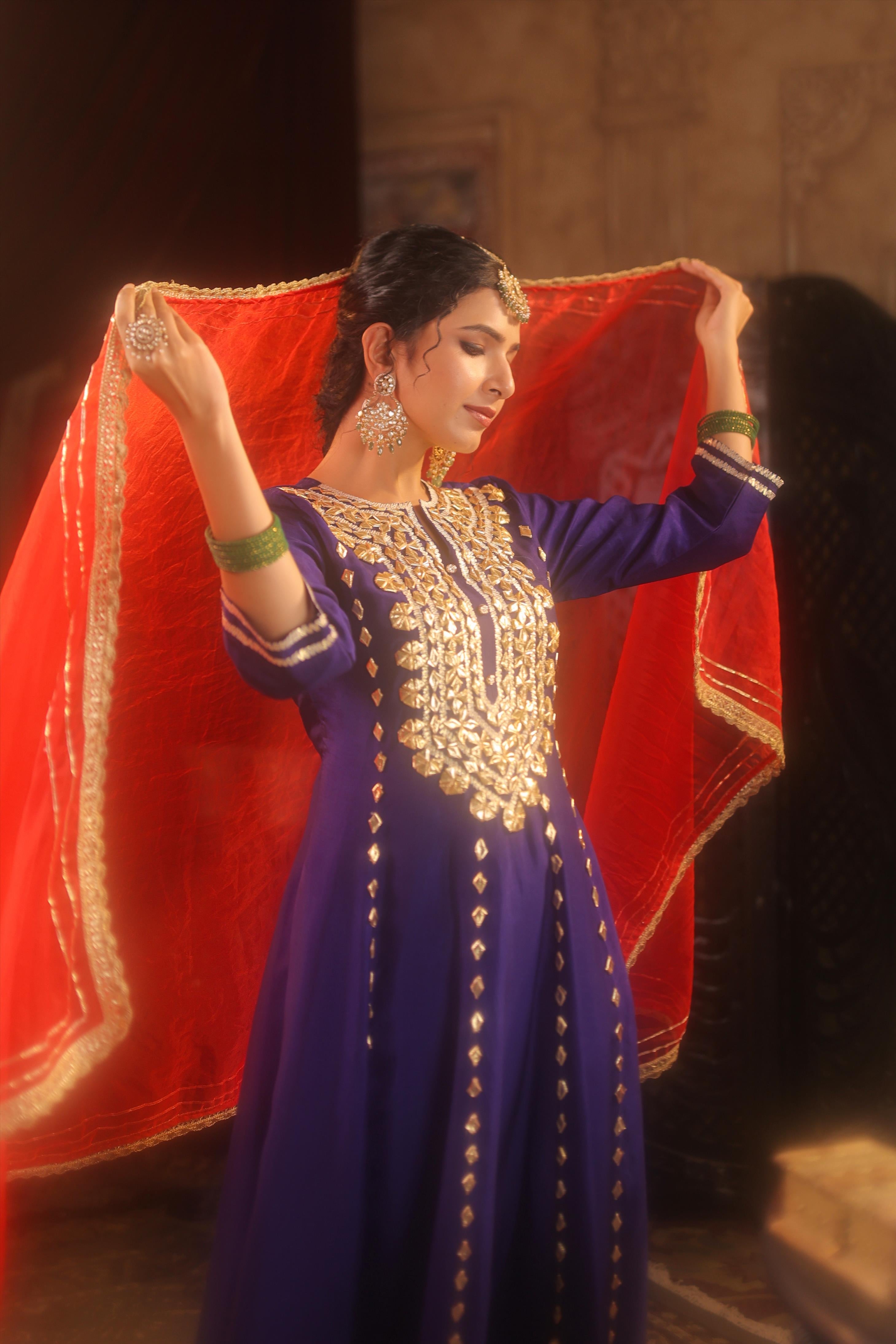 Navy Blue-Red Dupion Silk Gota Work Anarkali Set