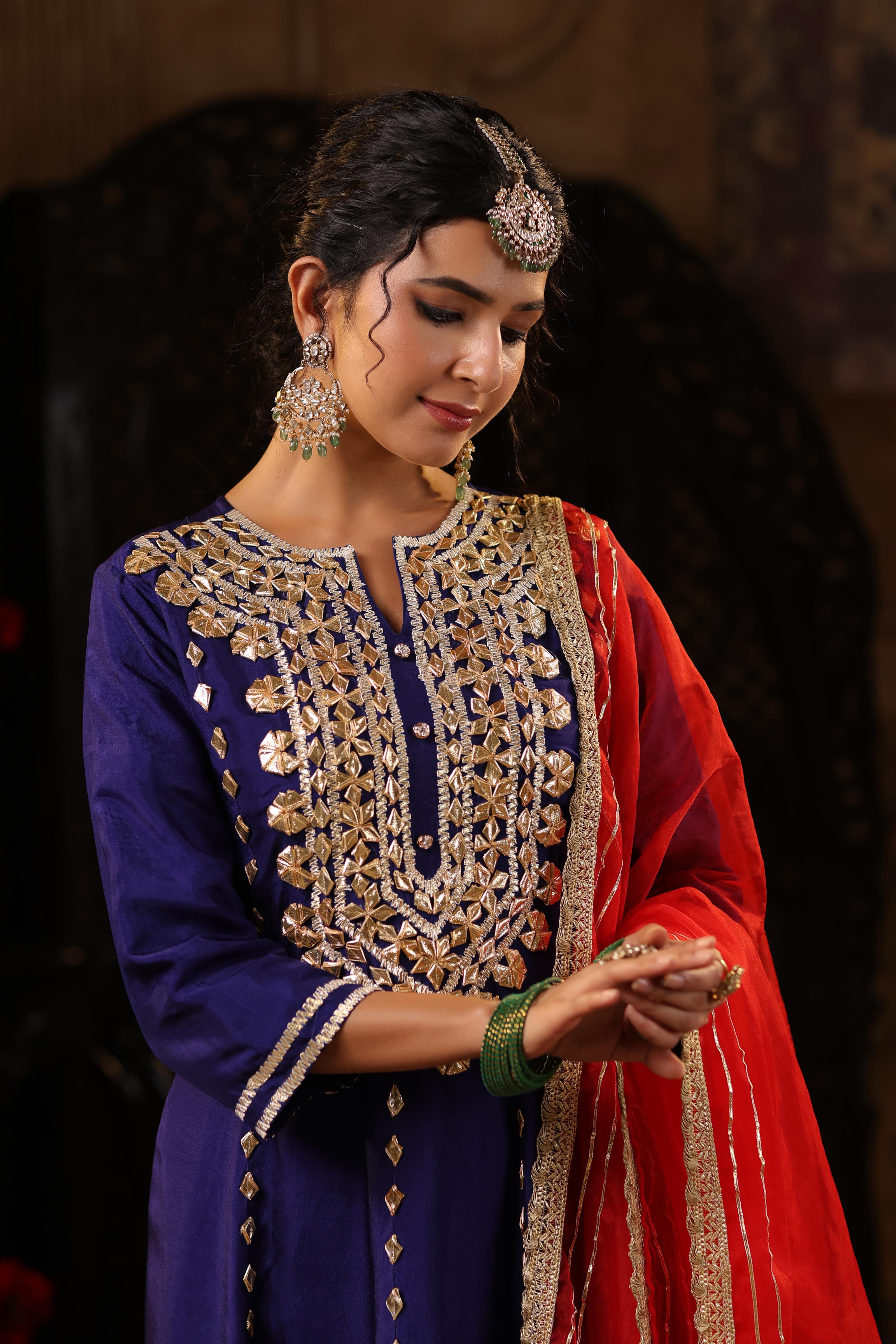 Navy Blue-Red Dupion Silk Gota Work Anarkali Set