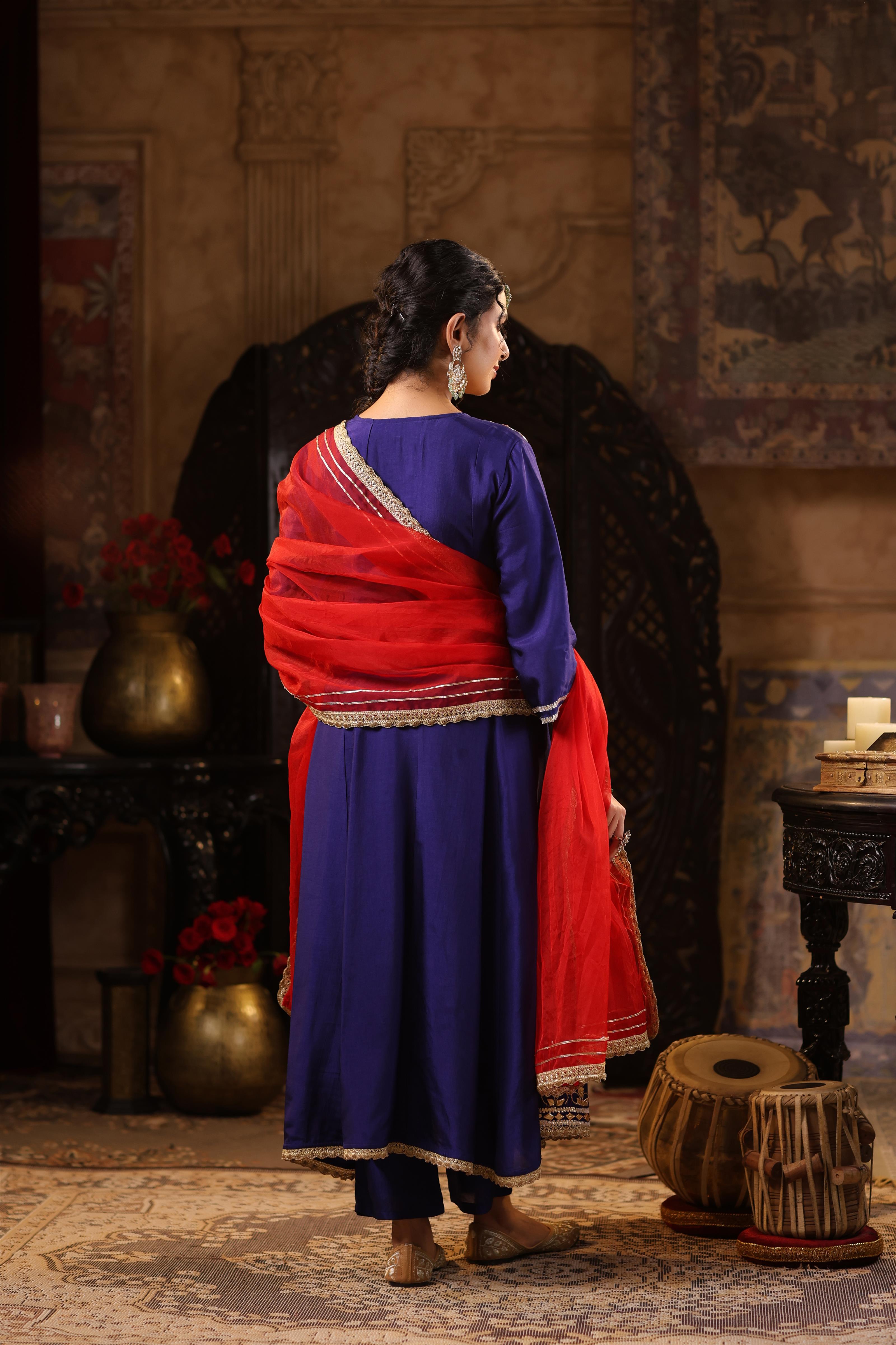 Navy Blue-Red Dupion Silk Gota Work Anarkali Set