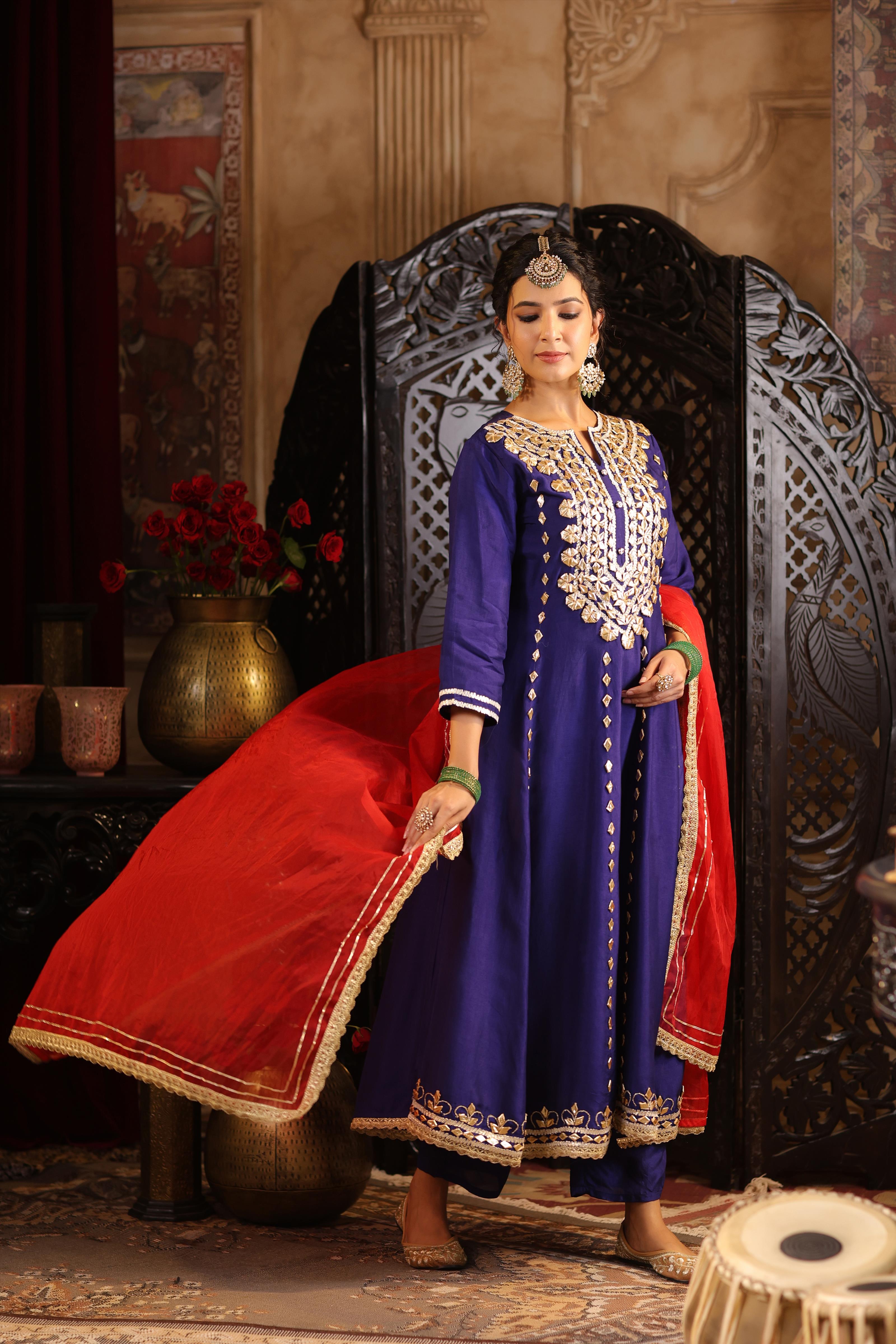 Navy Blue-Red Dupion Silk Gota Work Anarkali Set