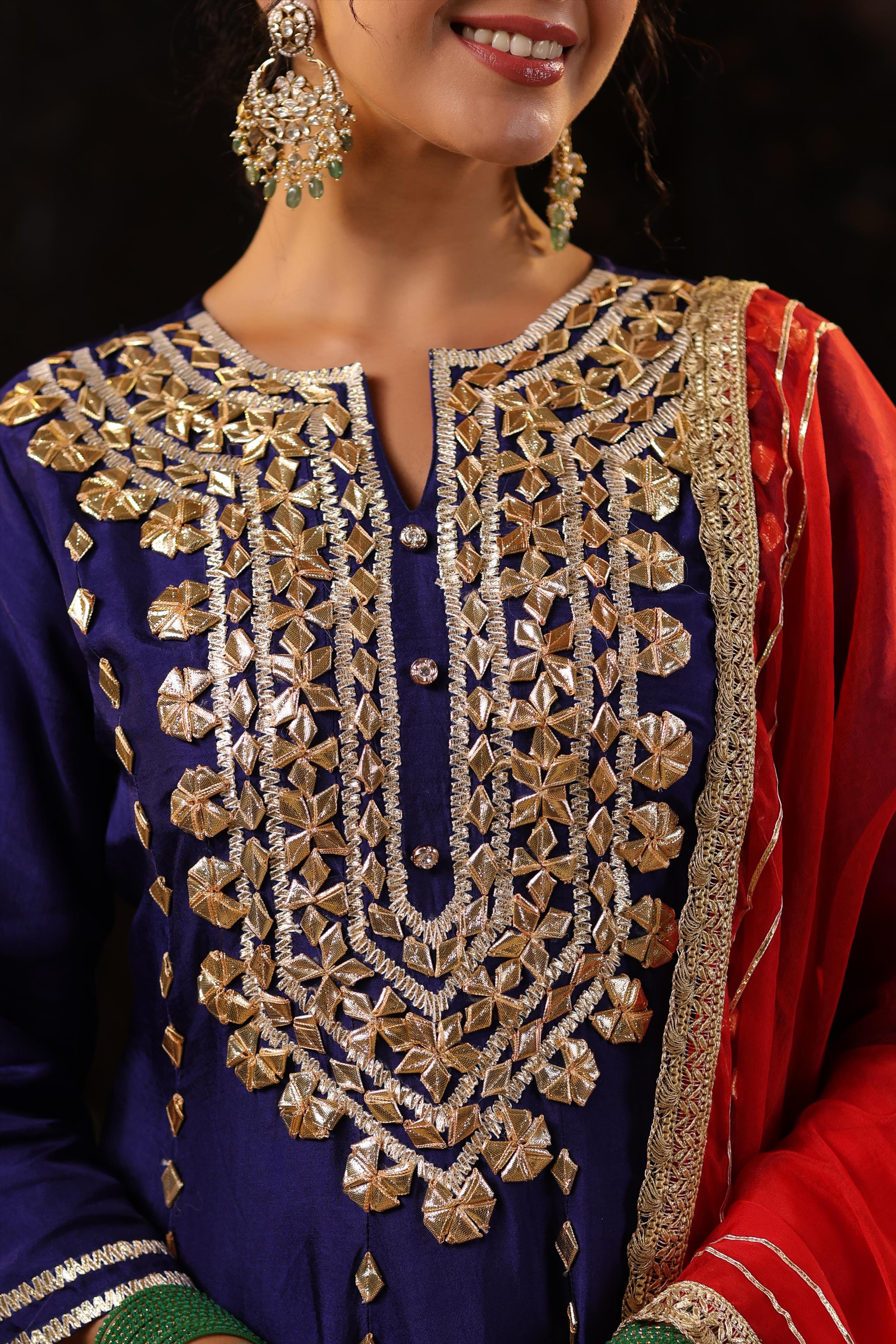 Navy Blue-Red Dupion Silk Gota Work Anarkali Set