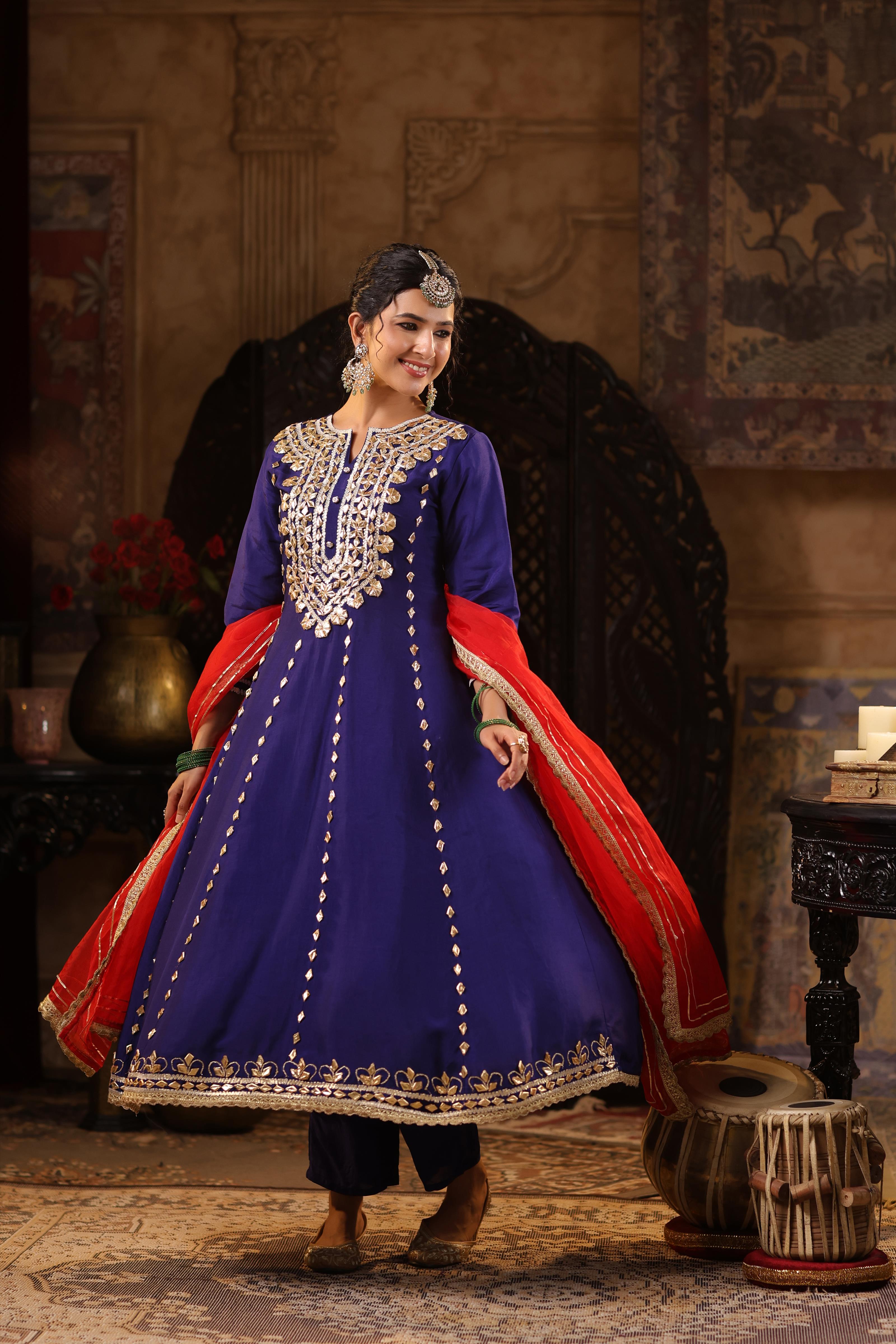 Navy Blue-Red Dupion Silk Gota Work Anarkali Set