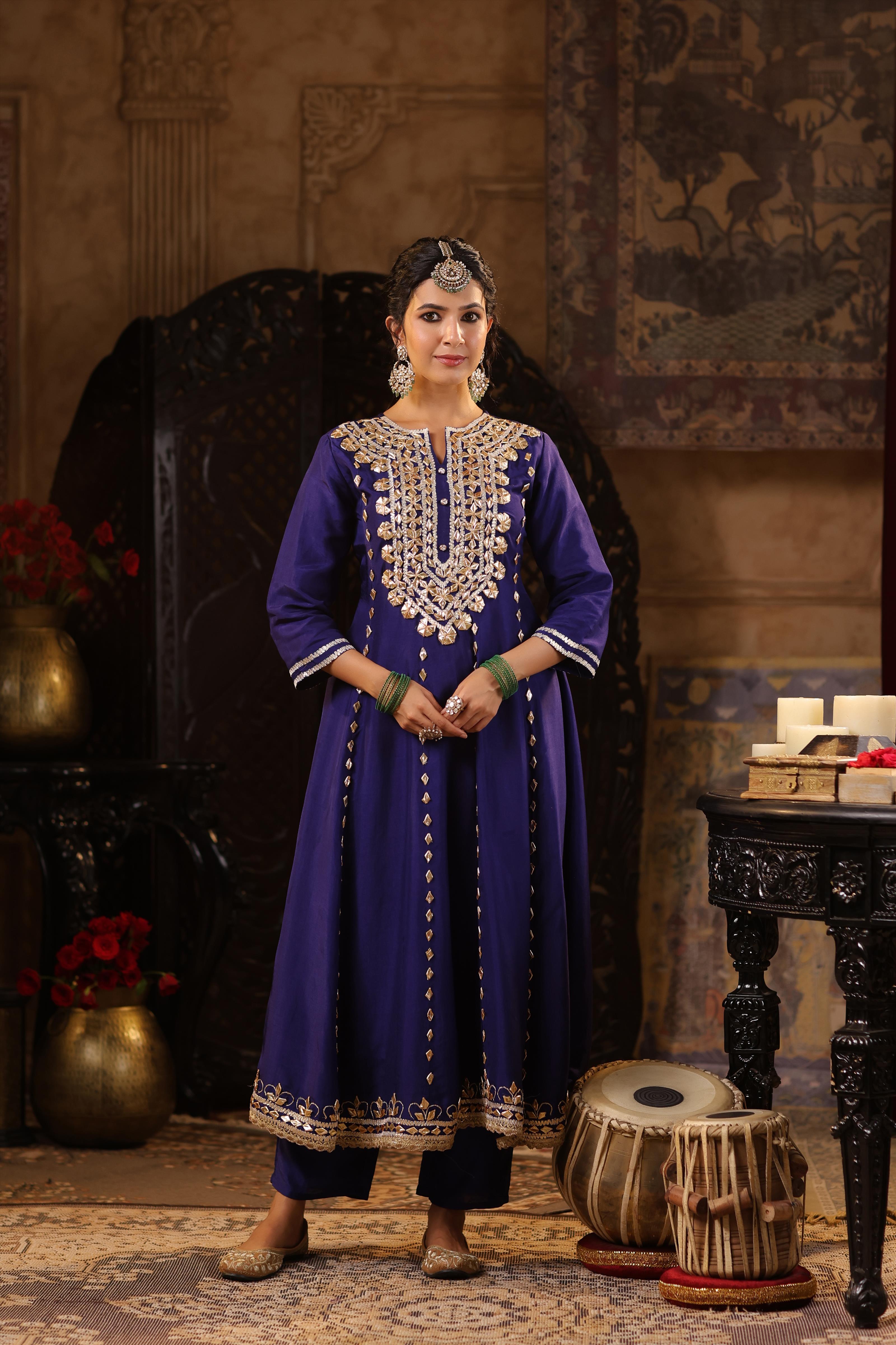 Navy Blue-Red Dupion Silk Gota Work Anarkali Set