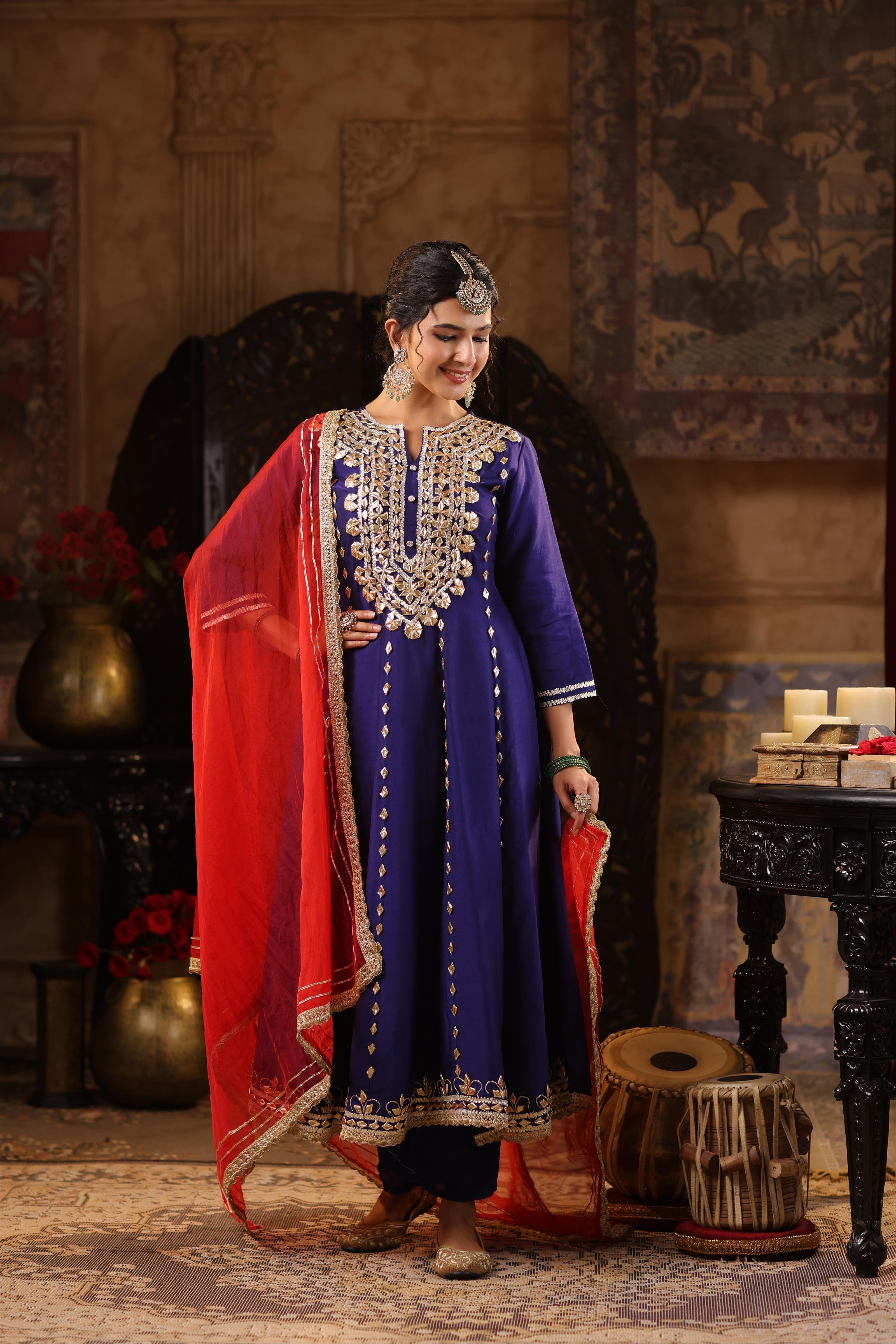 Navy Blue-Red Dupion Silk Gota Work Anarkali Set