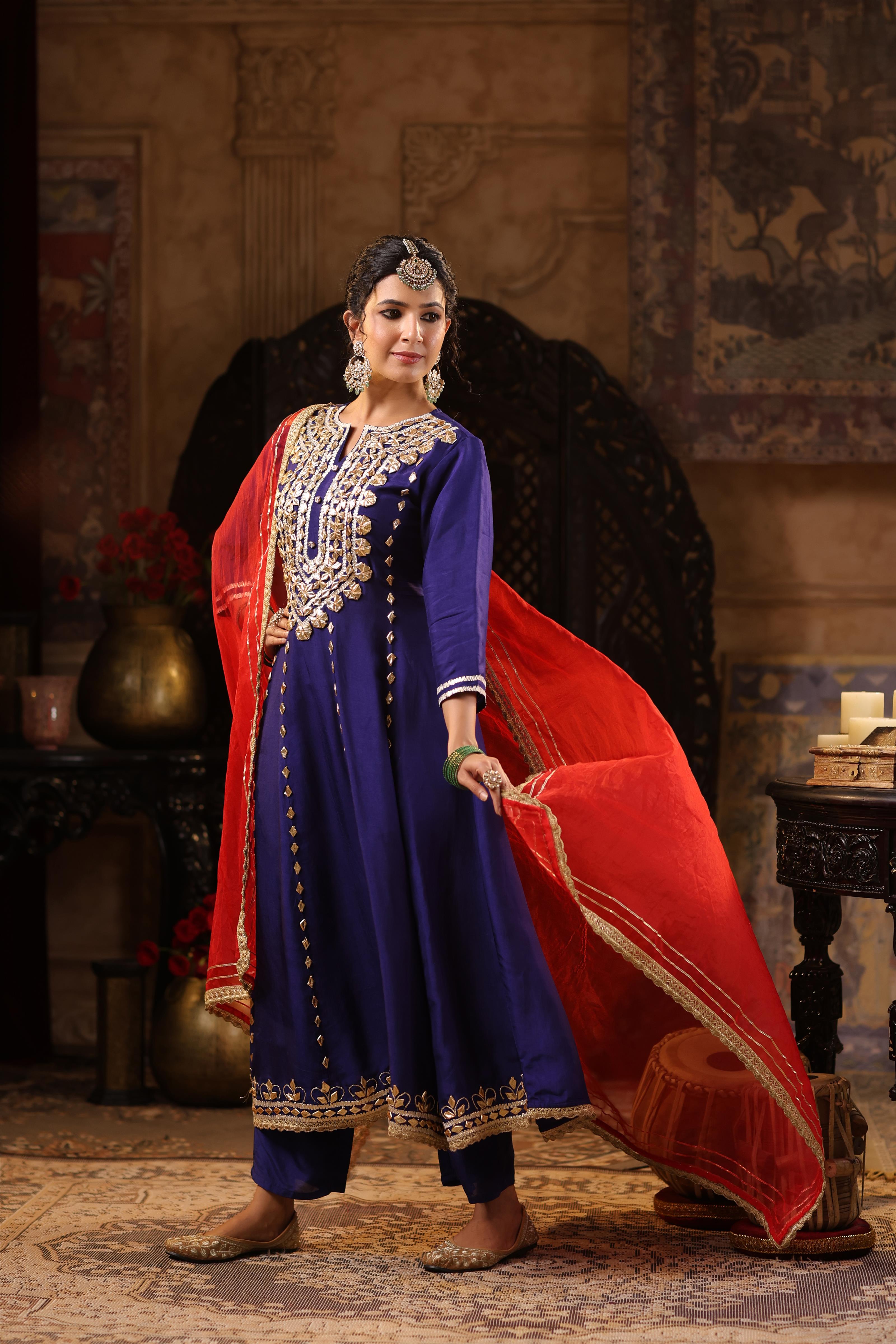 Navy Blue-Red Dupion Silk Gota Work Anarkali Set