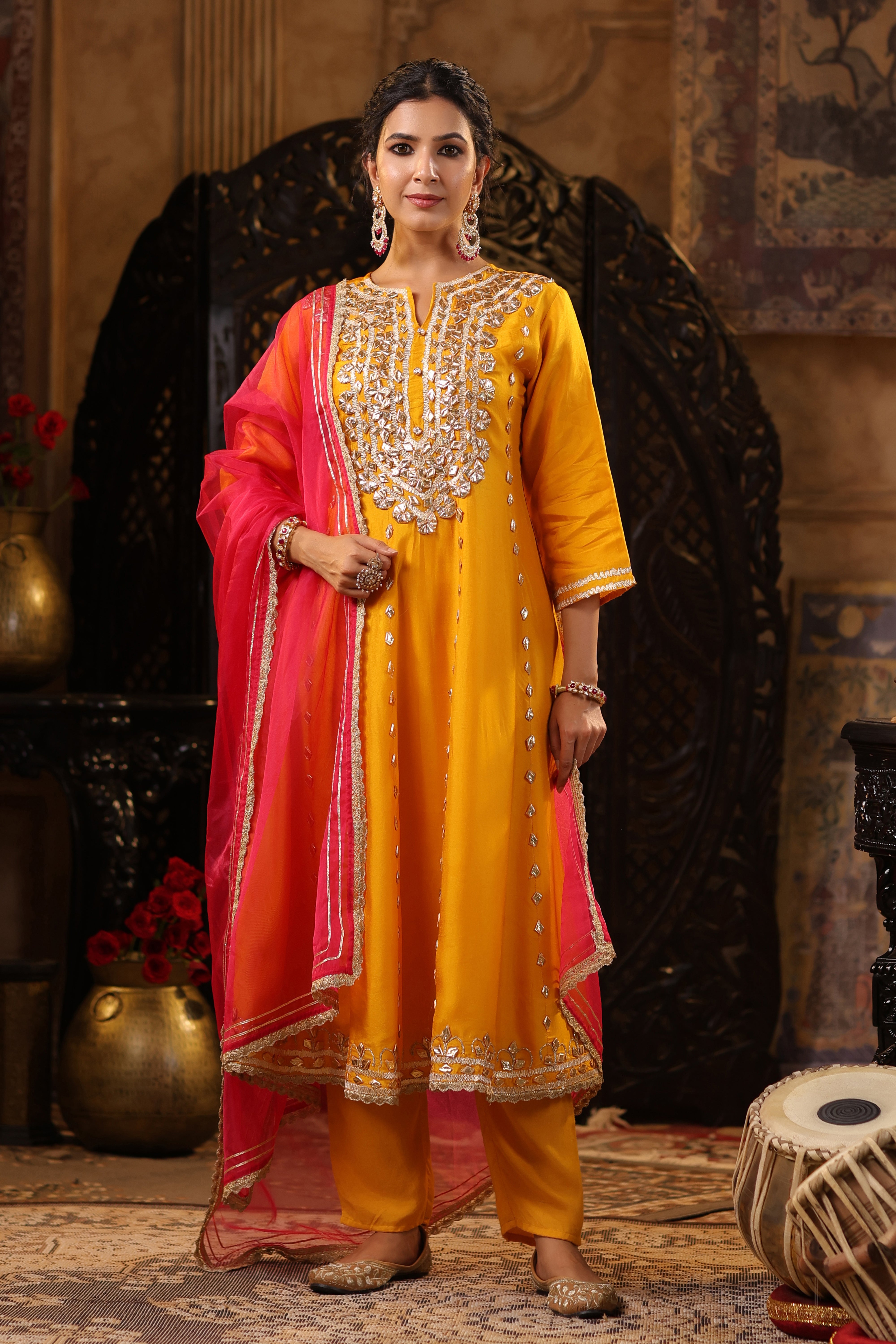 Mustard-Fuchsia Dupion Silk Gota Work Anarkali Set