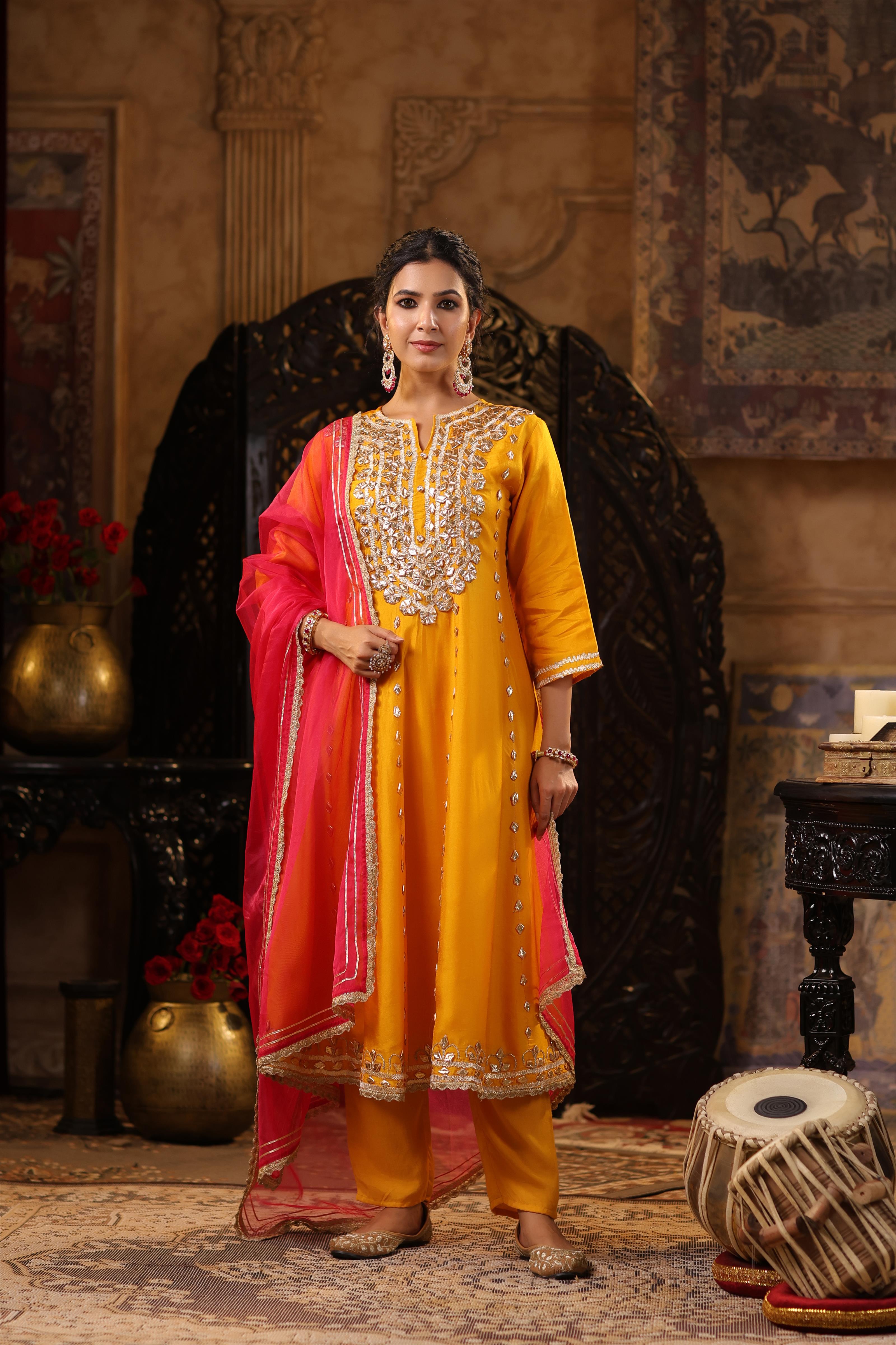 Mustard-Fuchsia Dupion Silk Gota Work Anarkali Set