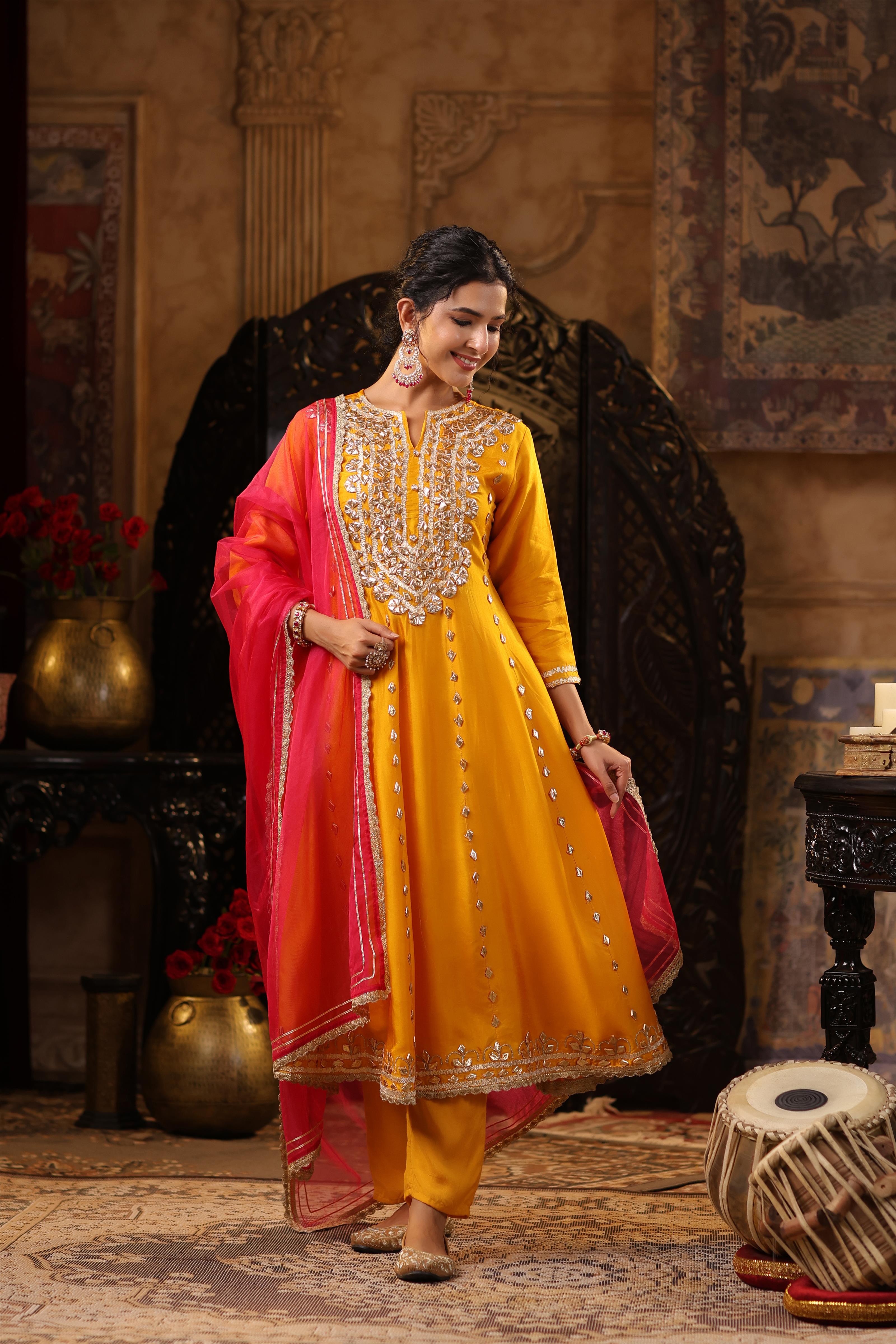 Mustard-Fuchsia Dupion Silk Gota Work Anarkali Set