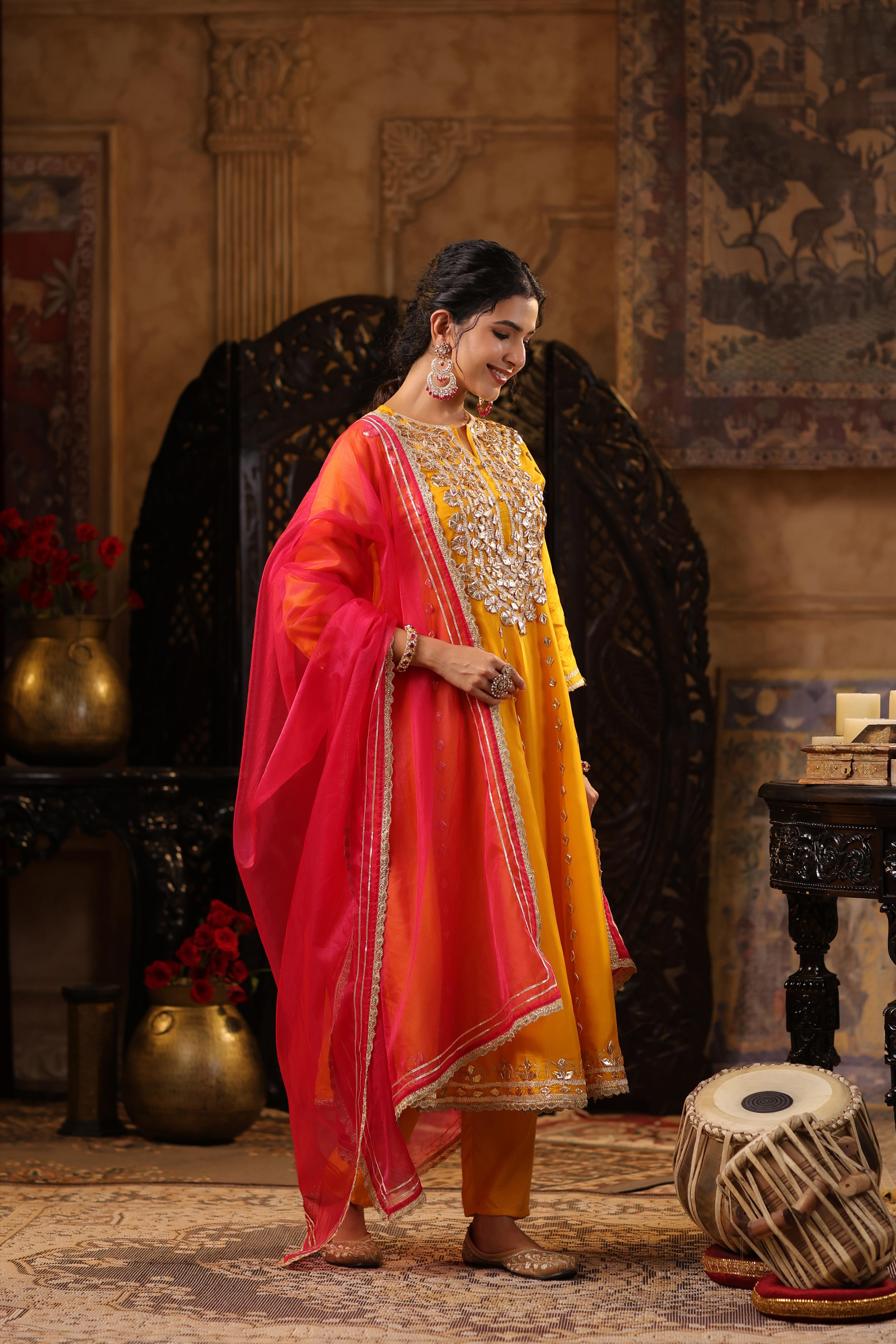 Mustard-Fuchsia Dupion Silk Gota Work Anarkali Set