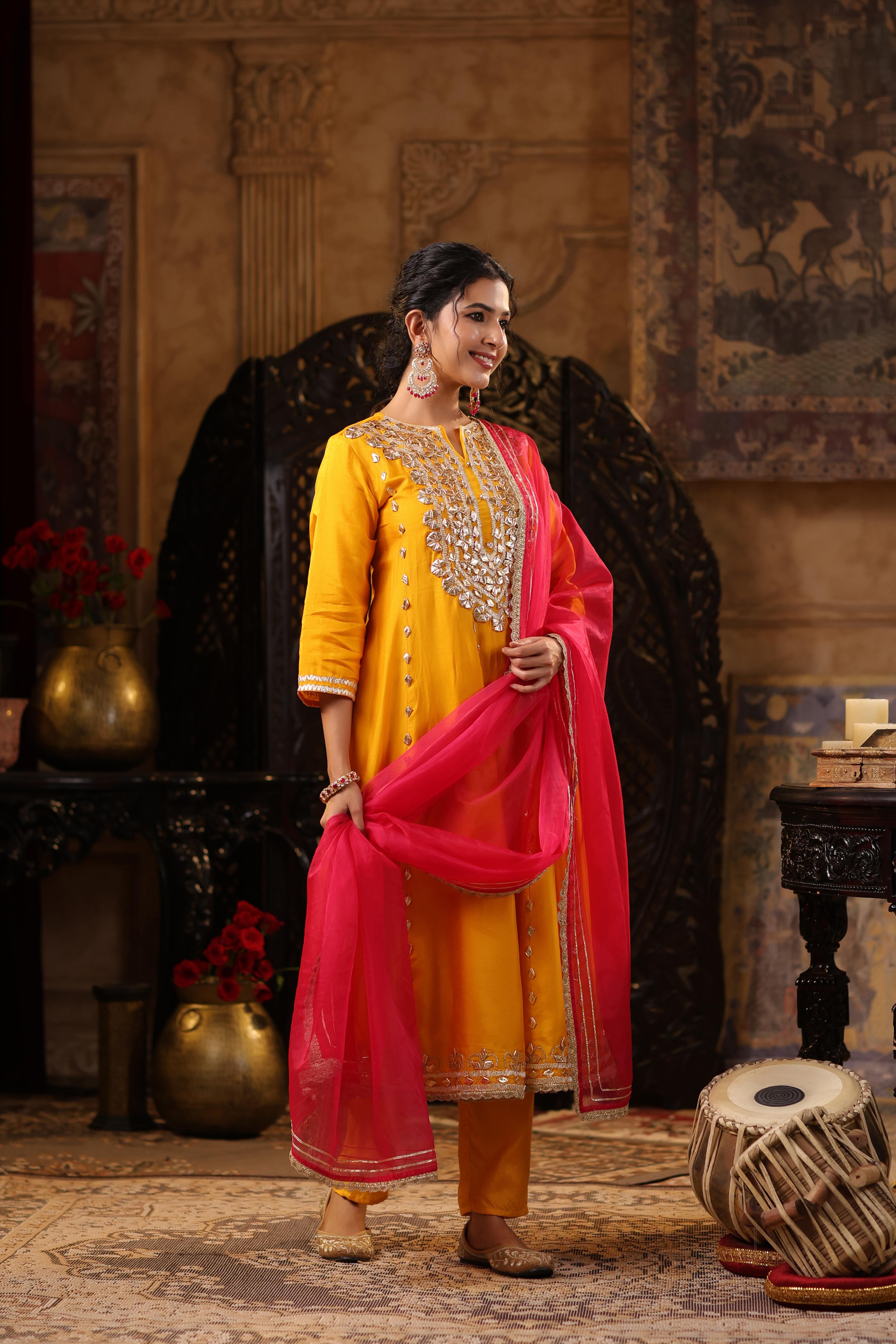 Mustard-Fuchsia Dupion Silk Gota Work Anarkali Set