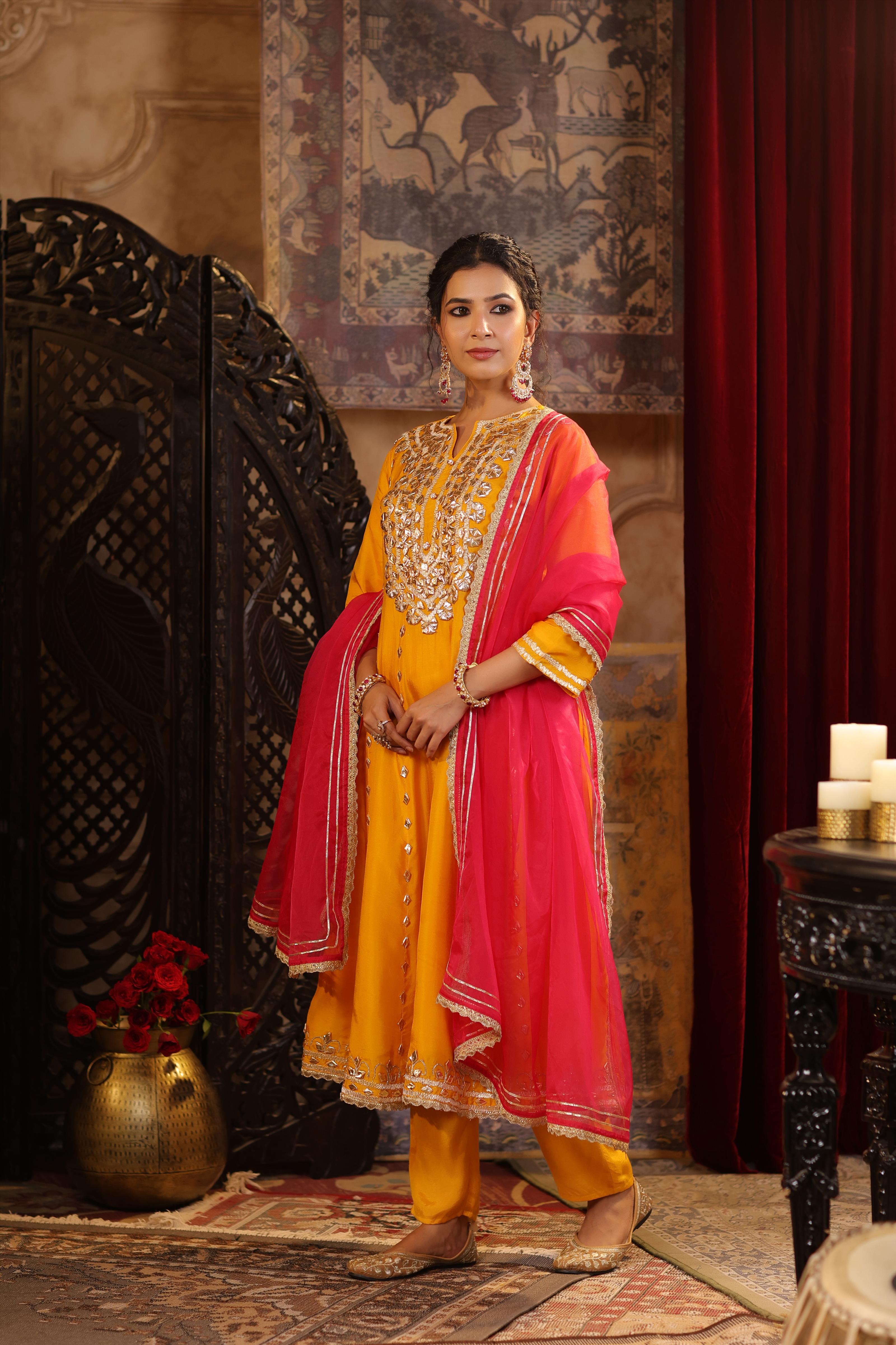 Mustard-Fuchsia Dupion Silk Gota Work Anarkali Set