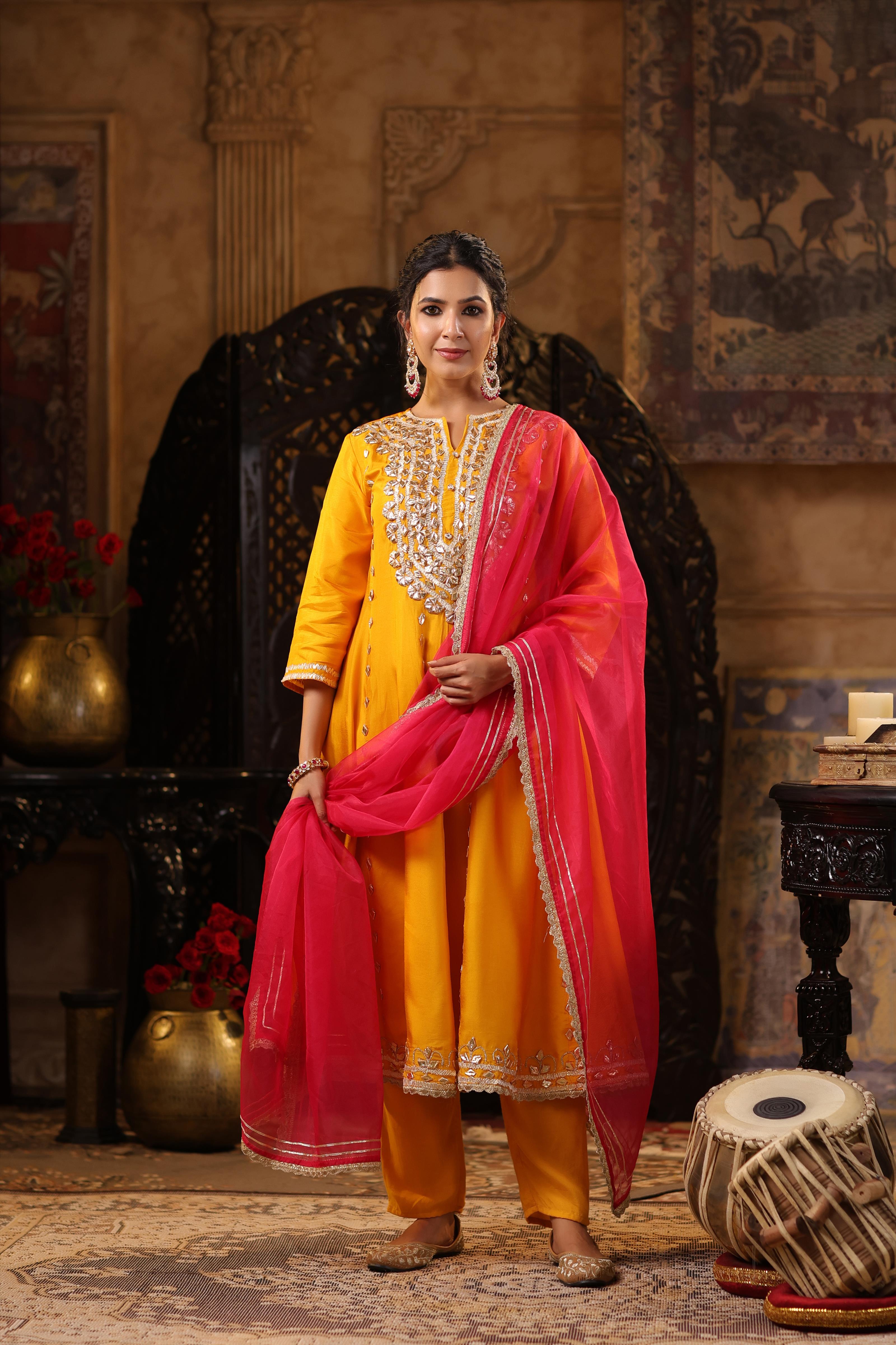 Mustard-Fuchsia Dupion Silk Gota Work Anarkali Set