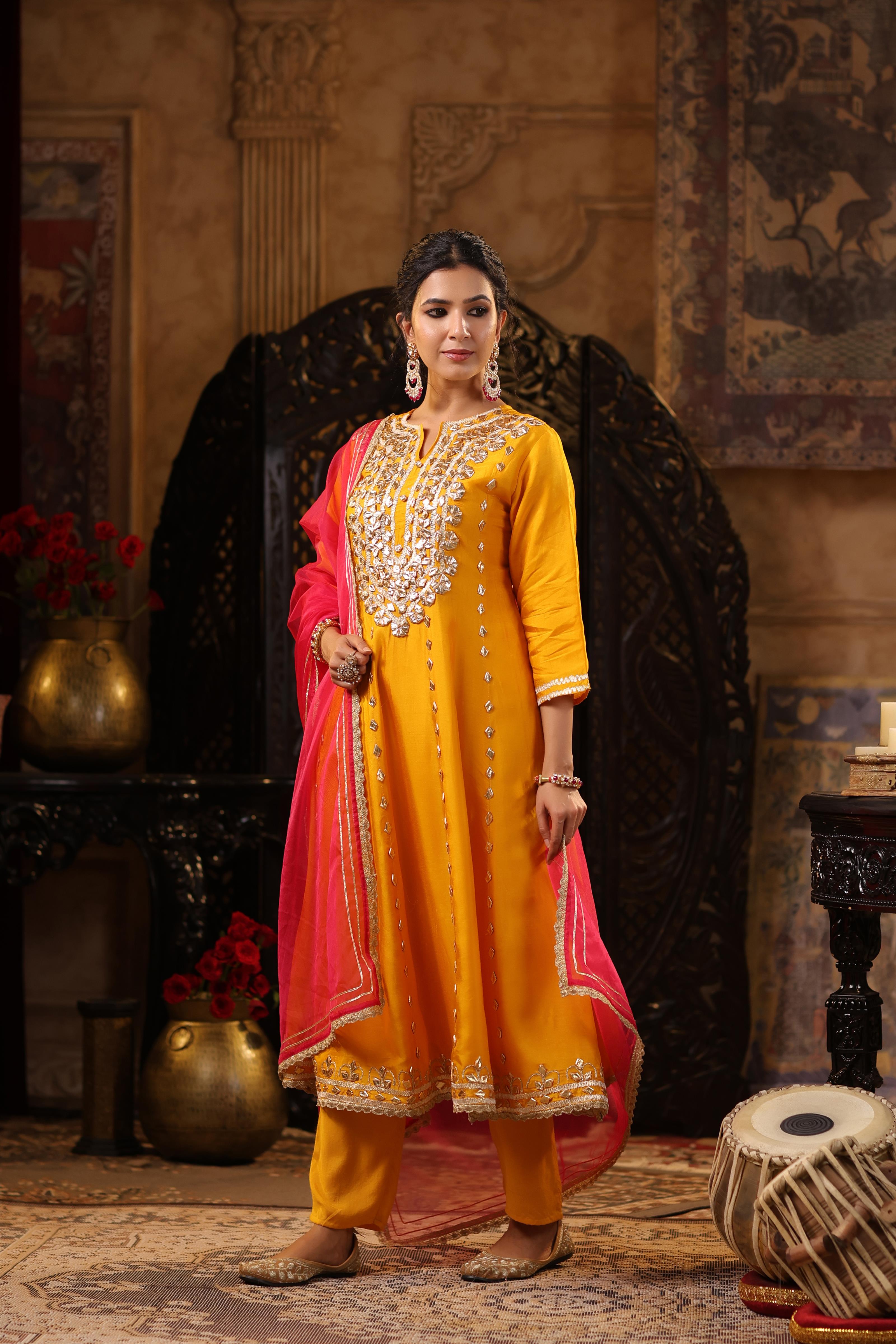 Mustard-Fuchsia Dupion Silk Gota Work Anarkali Set