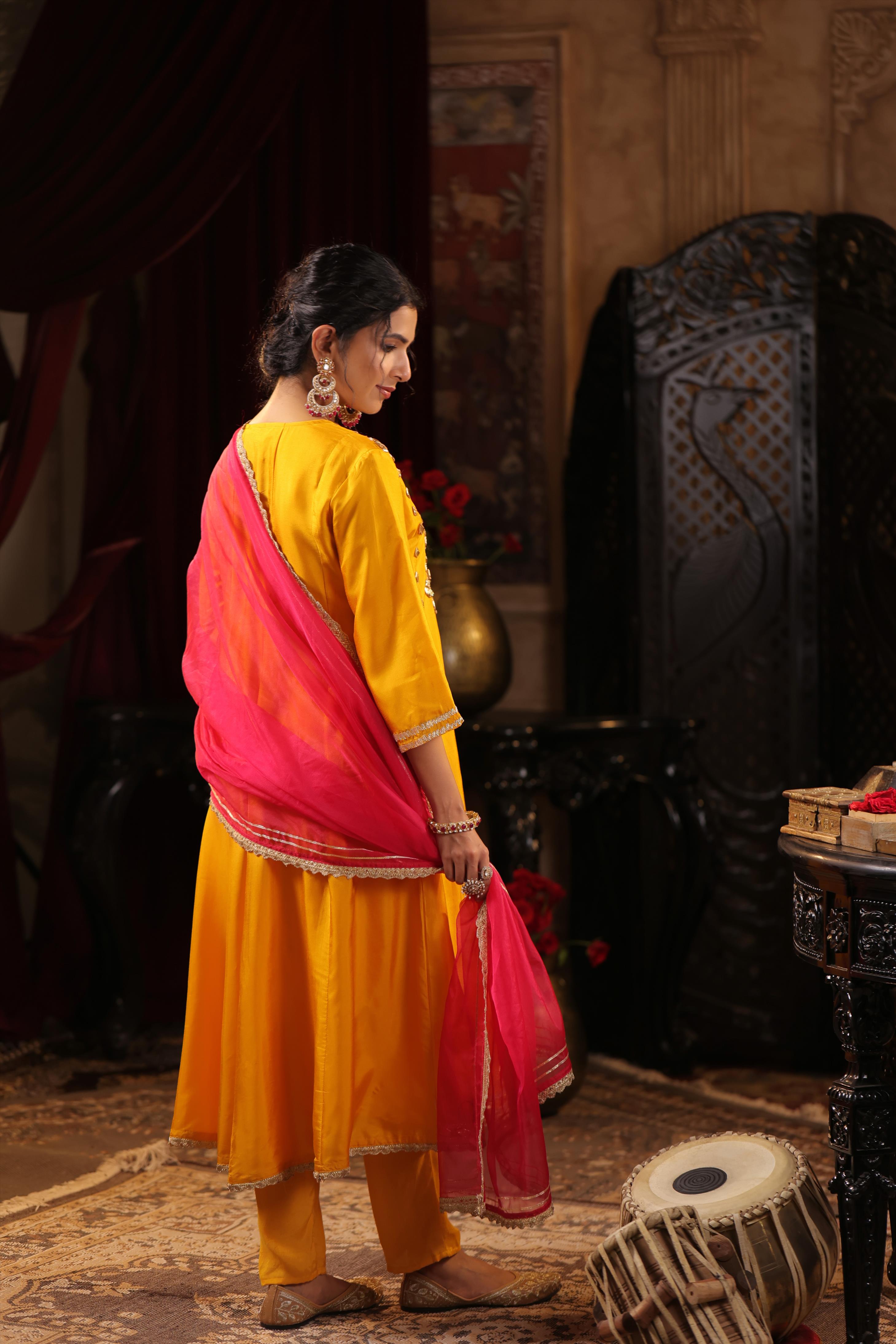 Mustard-Fuchsia Dupion Silk Gota Work Anarkali Set