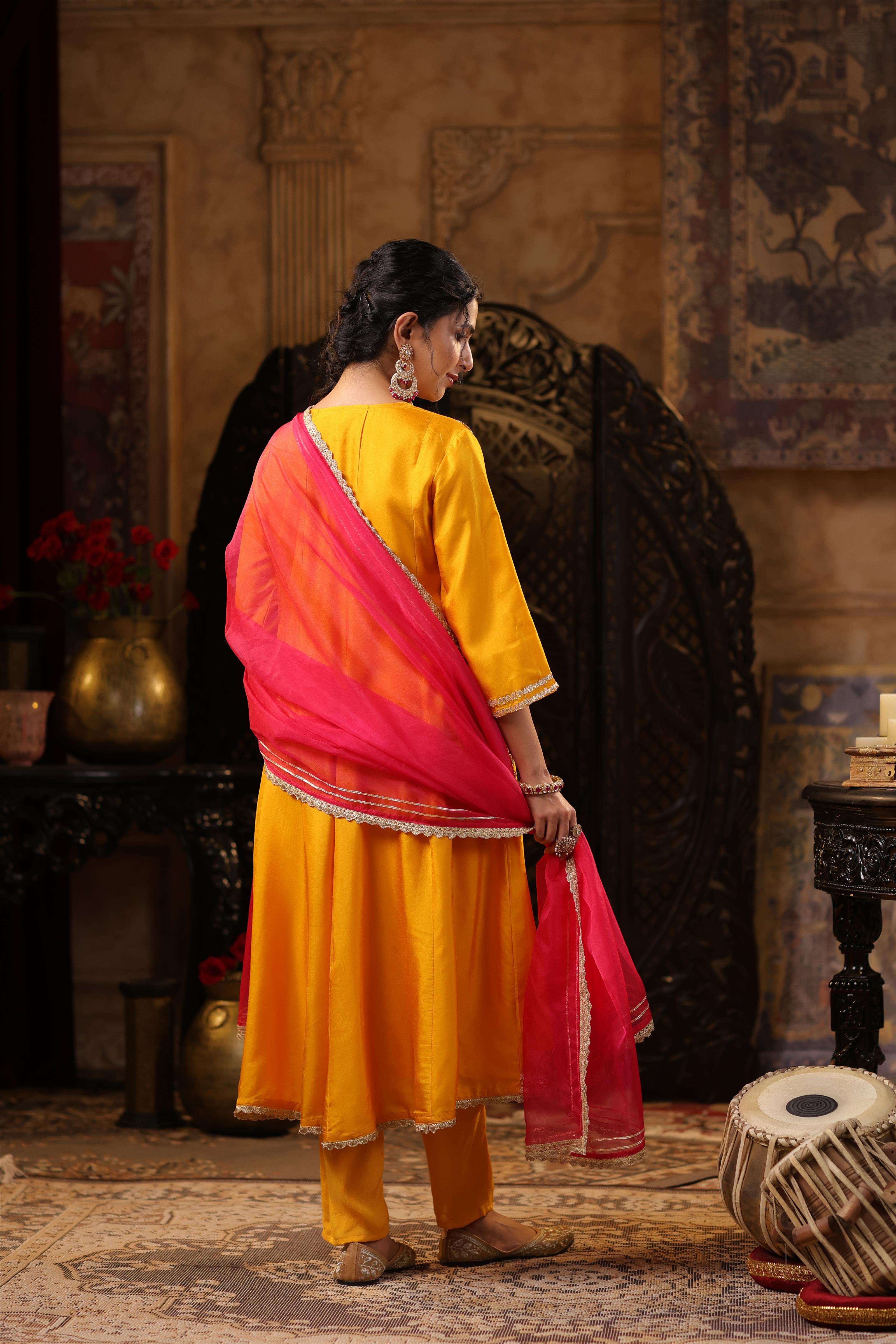 Mustard-Fuchsia Dupion Silk Gota Work Anarkali Set