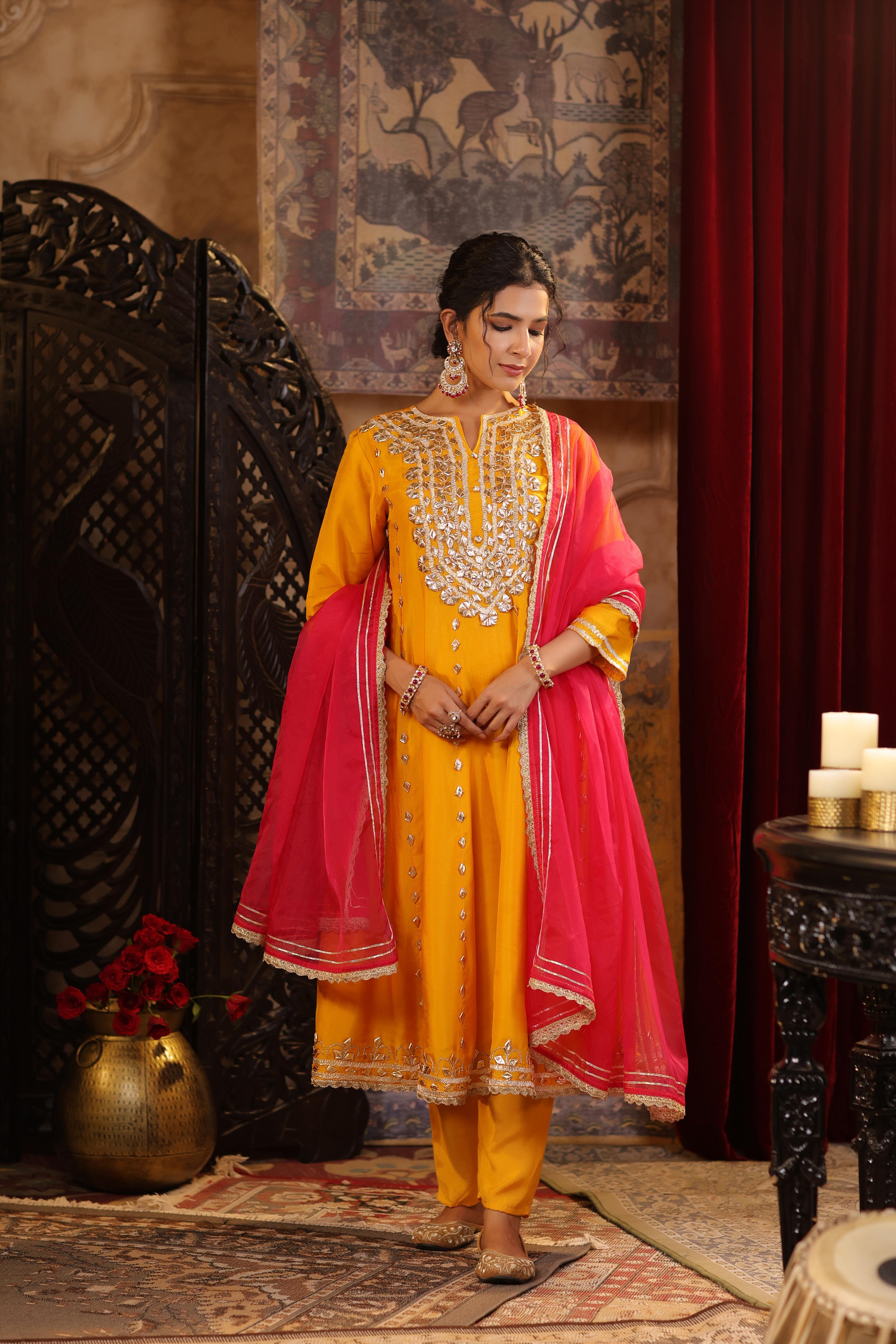 Mustard-Fuchsia Dupion Silk Gota Work Anarkali Set