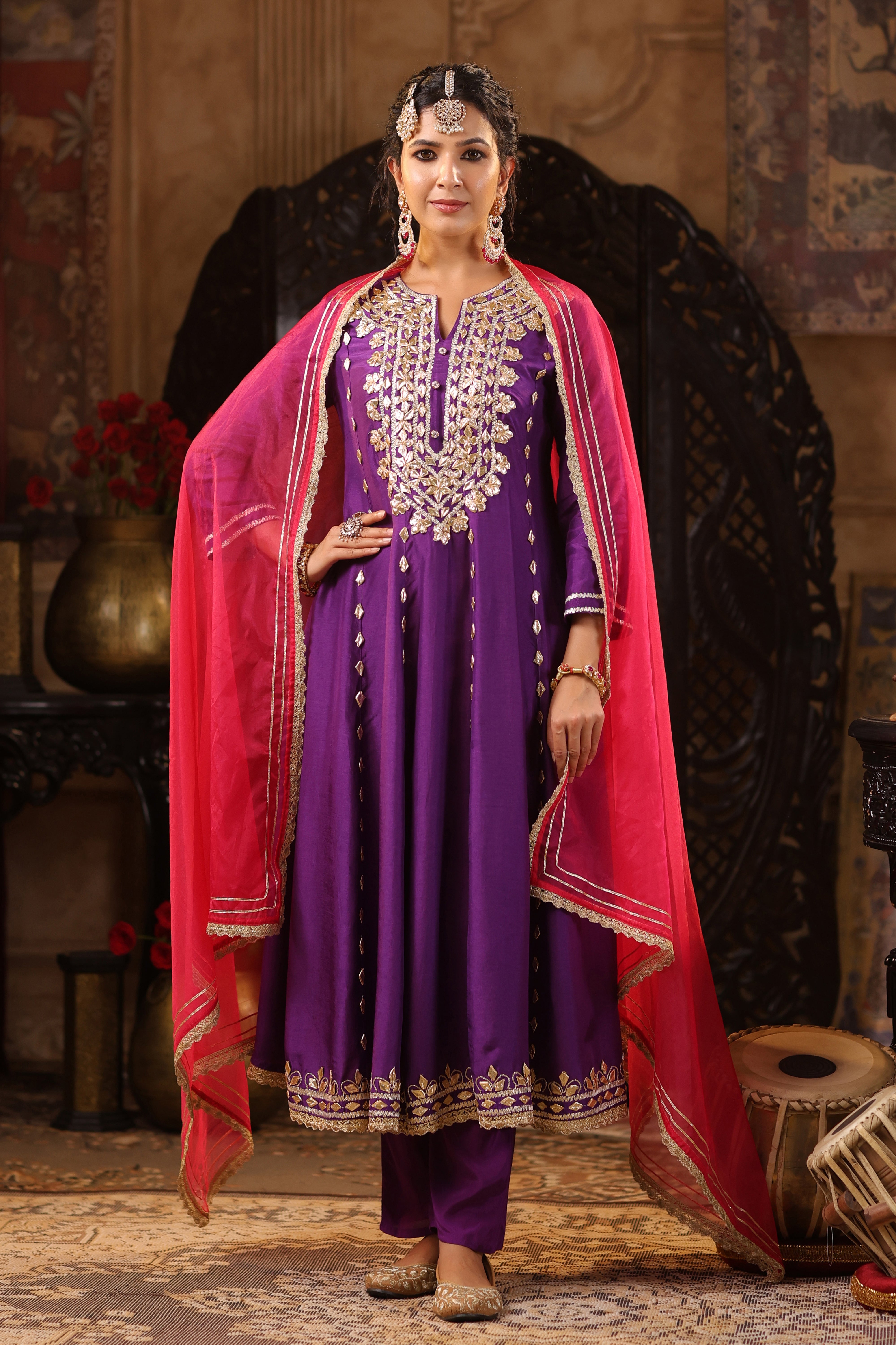 Purple-Fuchsia Dupion Silk Gota Work Anarkali Set