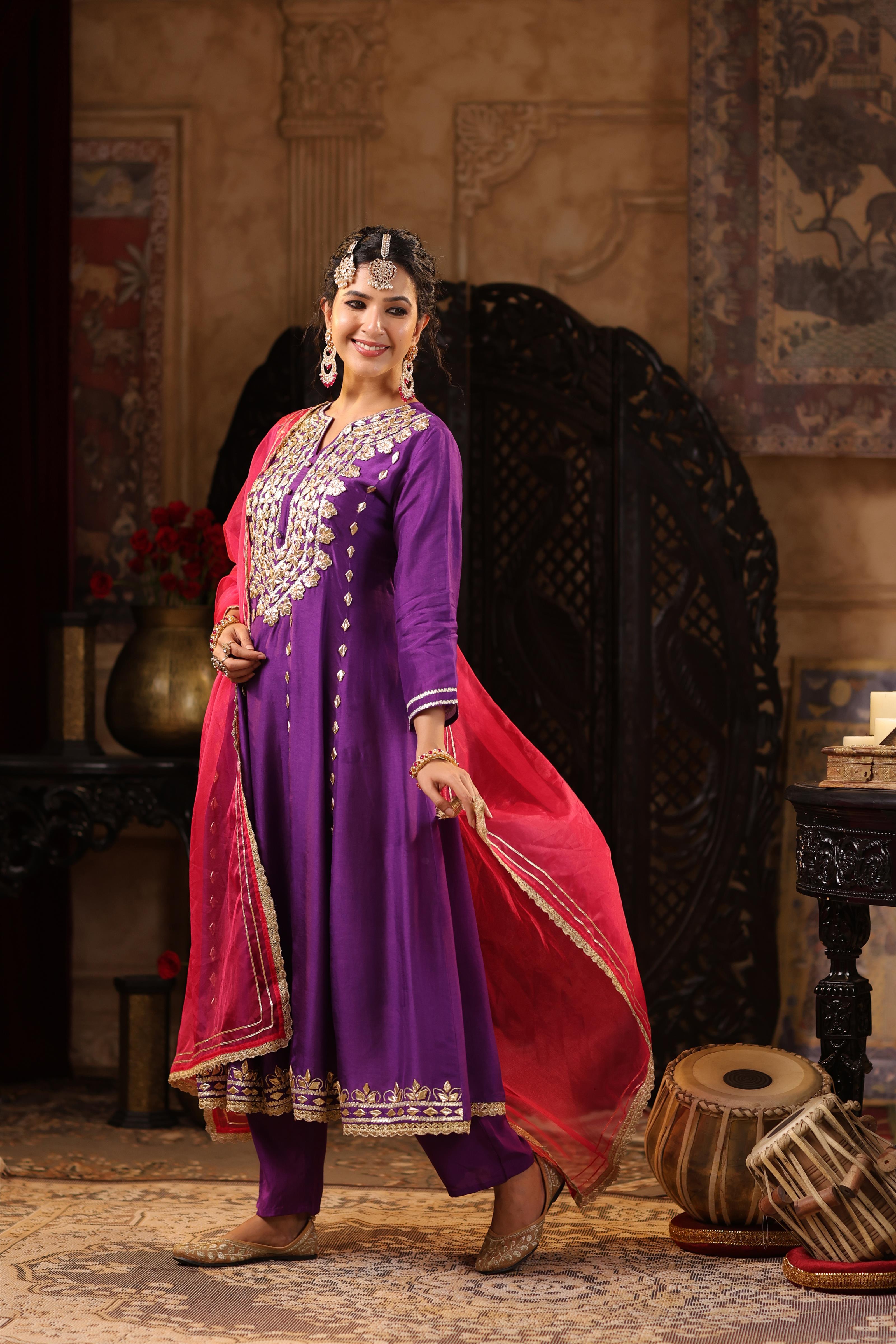 Purple-Fuchsia Dupion Silk Gota Work Anarkali Set