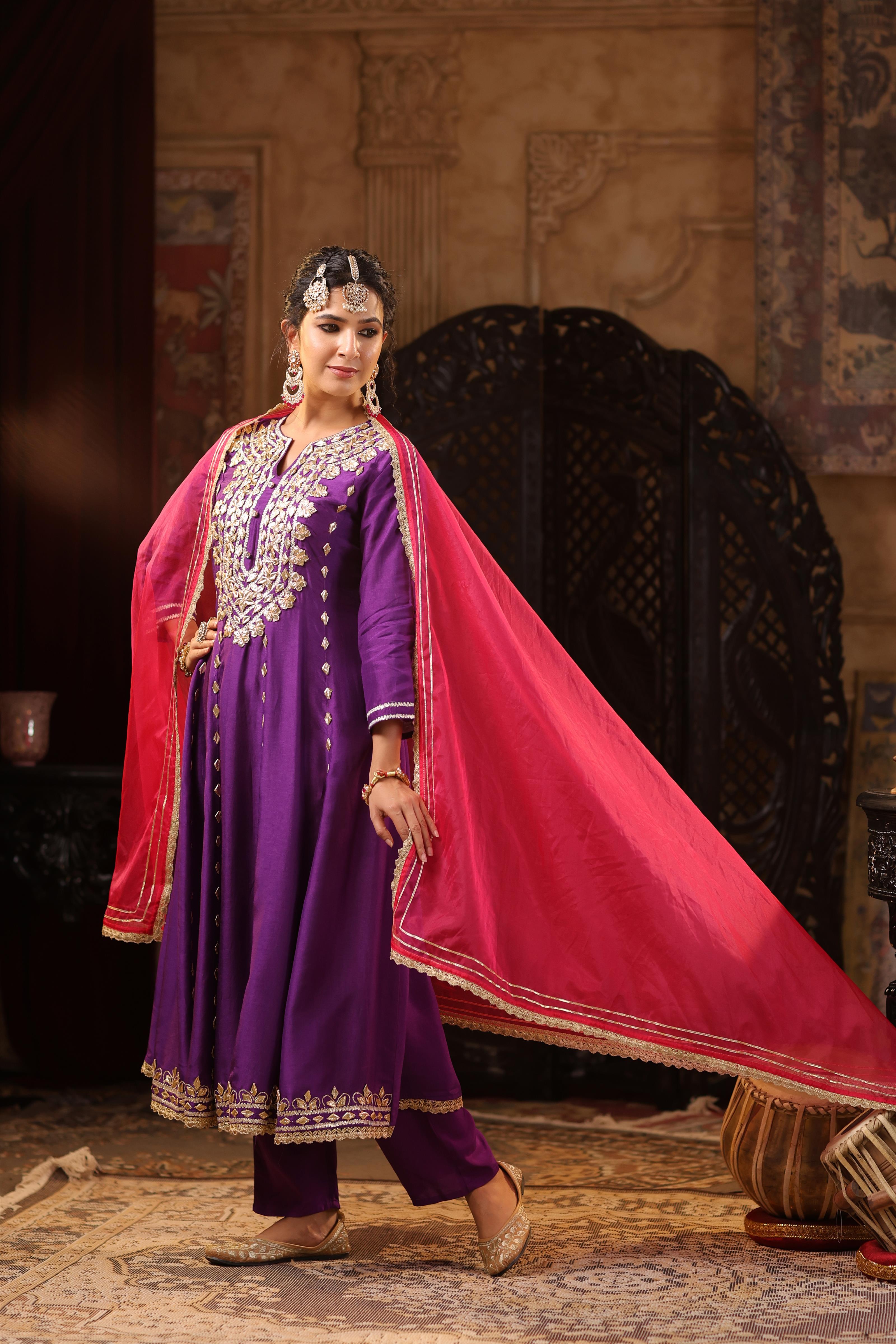 Purple-Fuchsia Dupion Silk Gota Work Anarkali Set