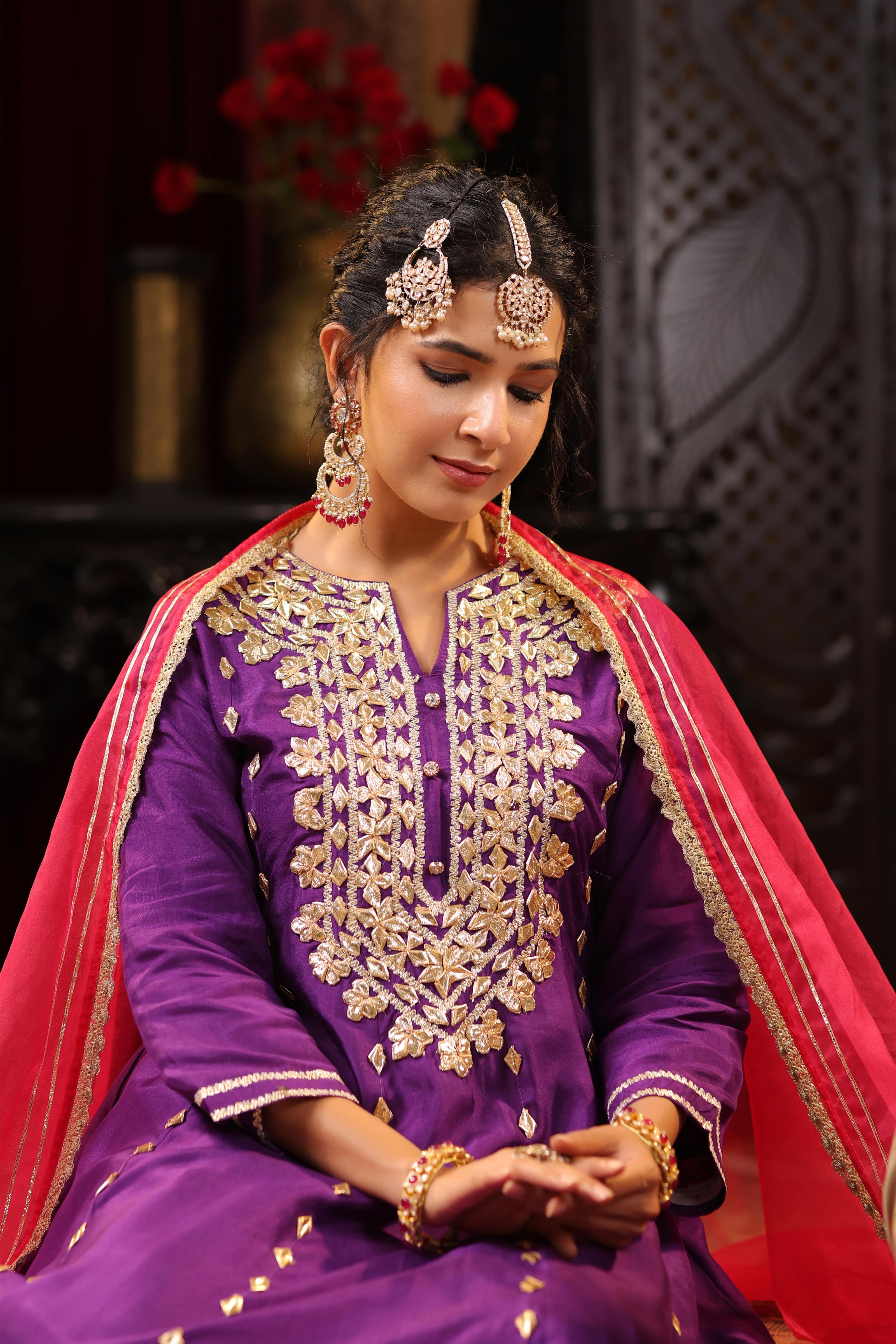 Purple-Fuchsia Dupion Silk Gota Work Anarkali Set