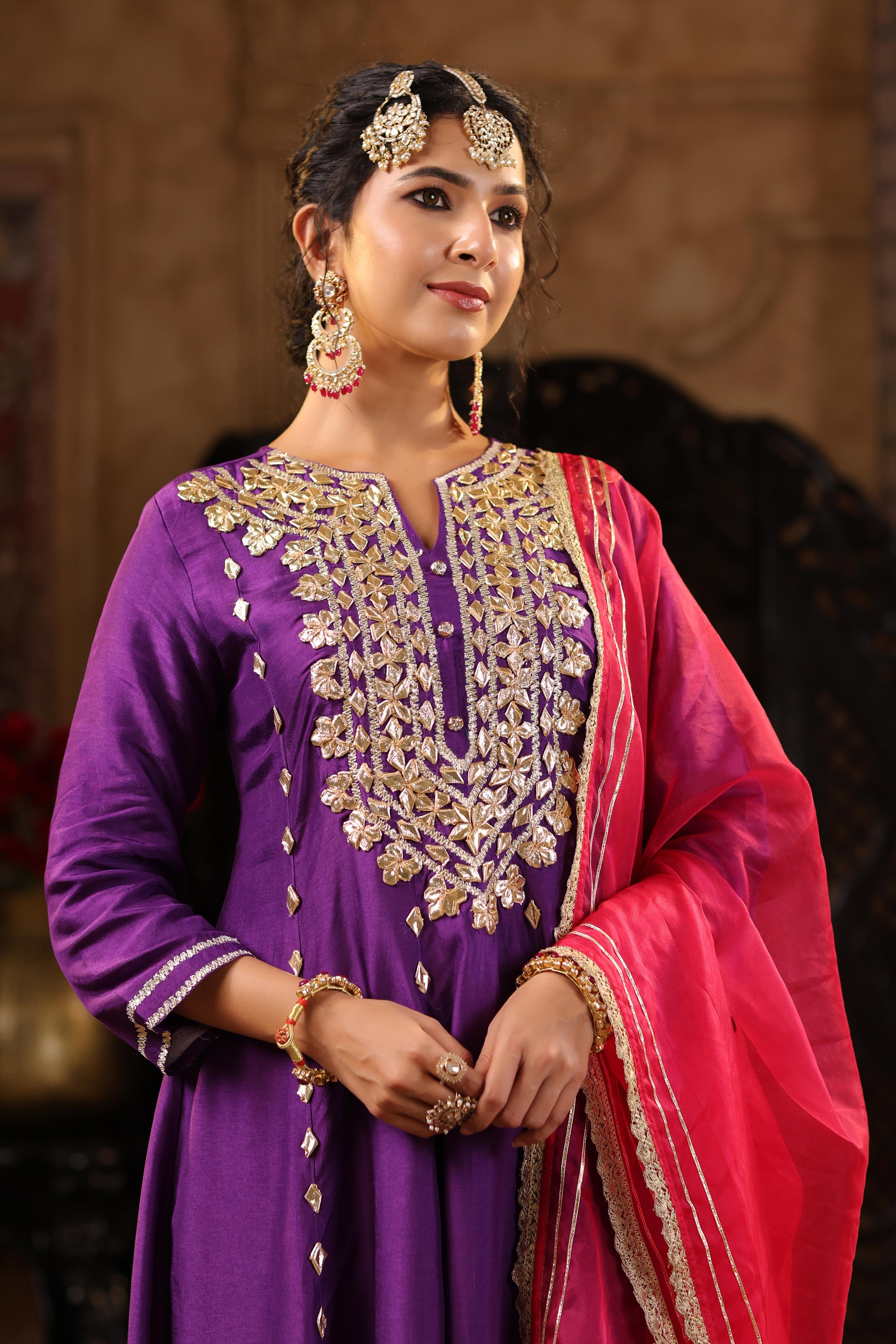 Purple-Fuchsia Dupion Silk Gota Work Anarkali Set