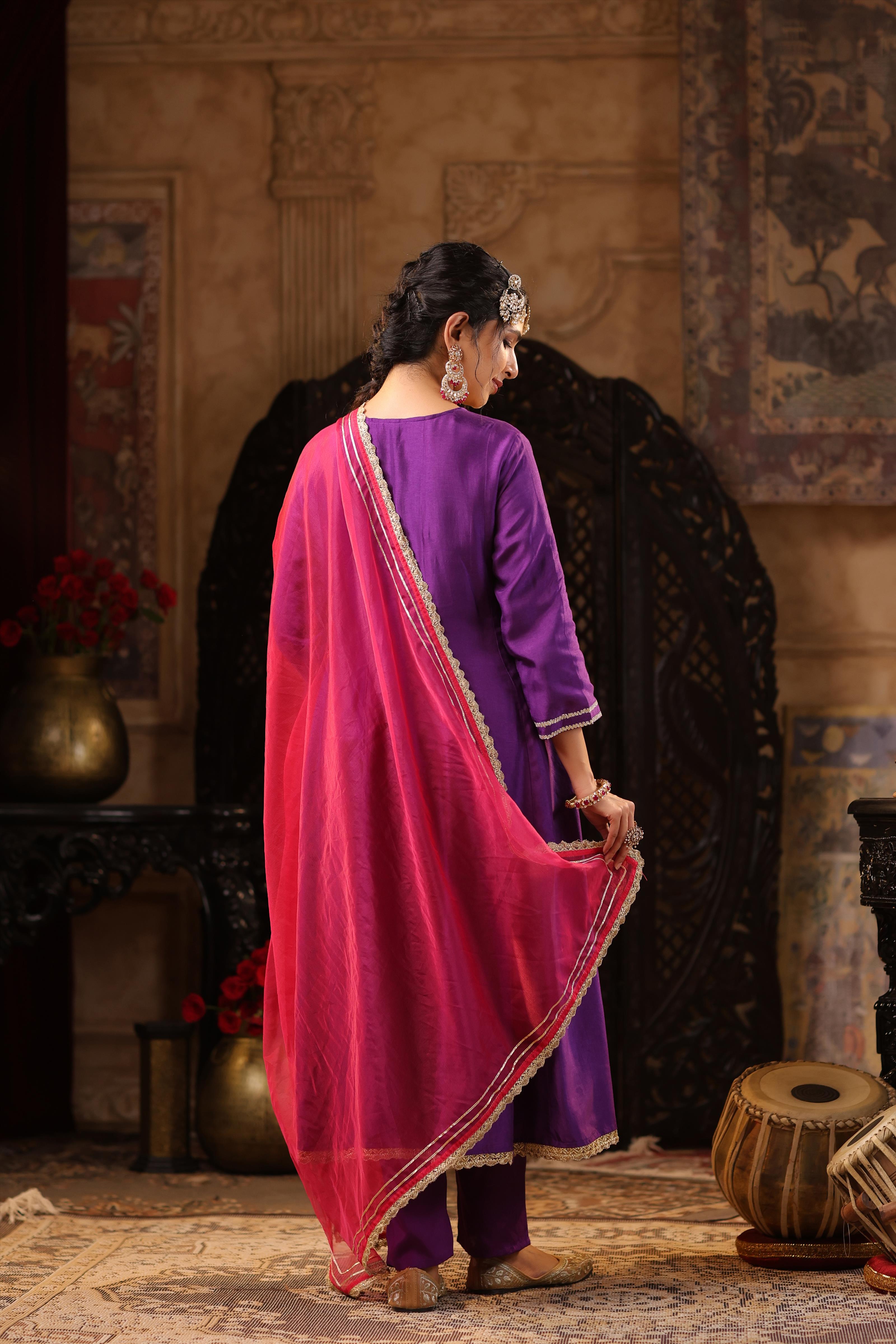 Purple-Fuchsia Dupion Silk Gota Work Anarkali Set