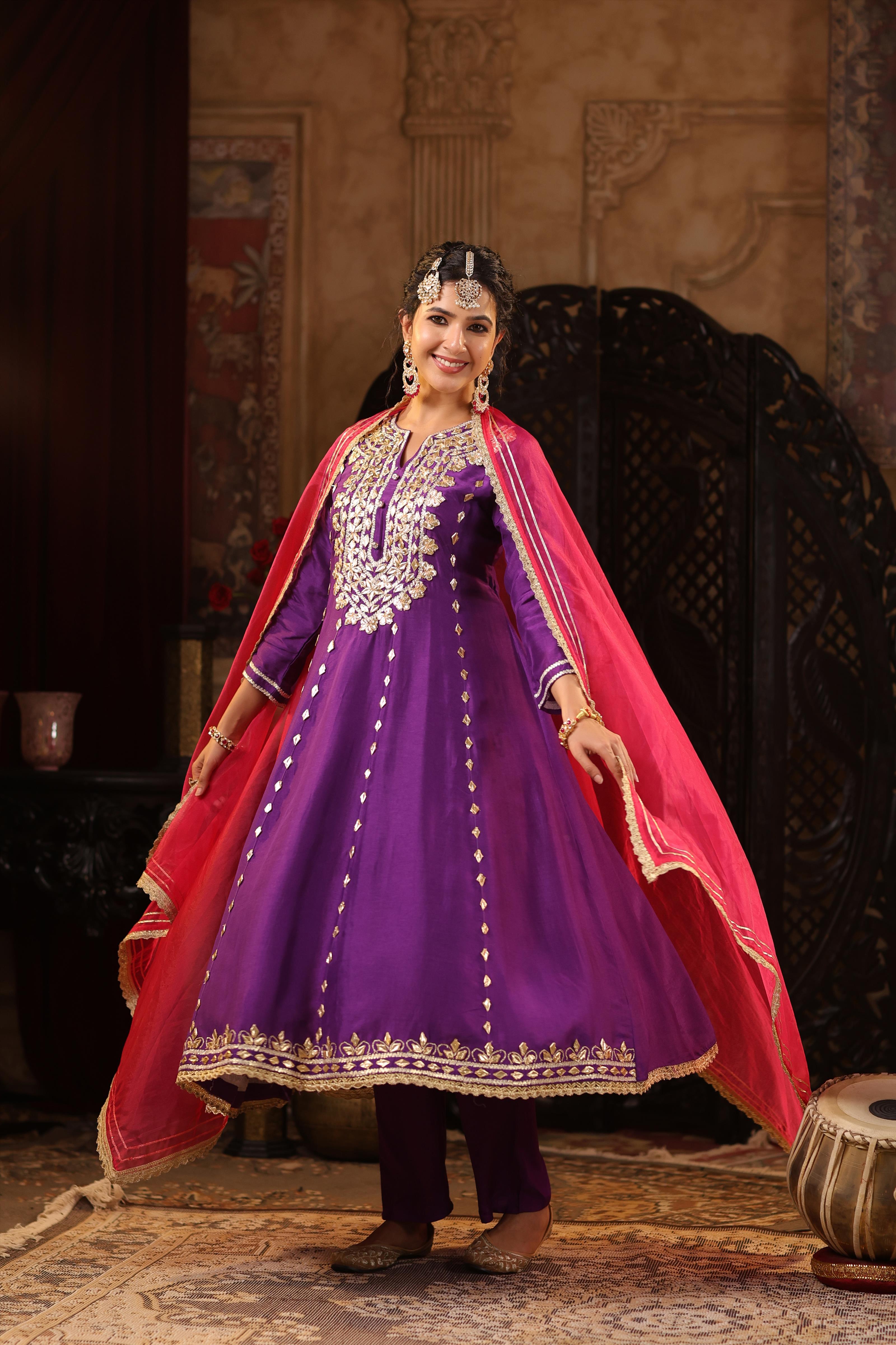 Purple-Fuchsia Dupion Silk Gota Work Anarkali Set