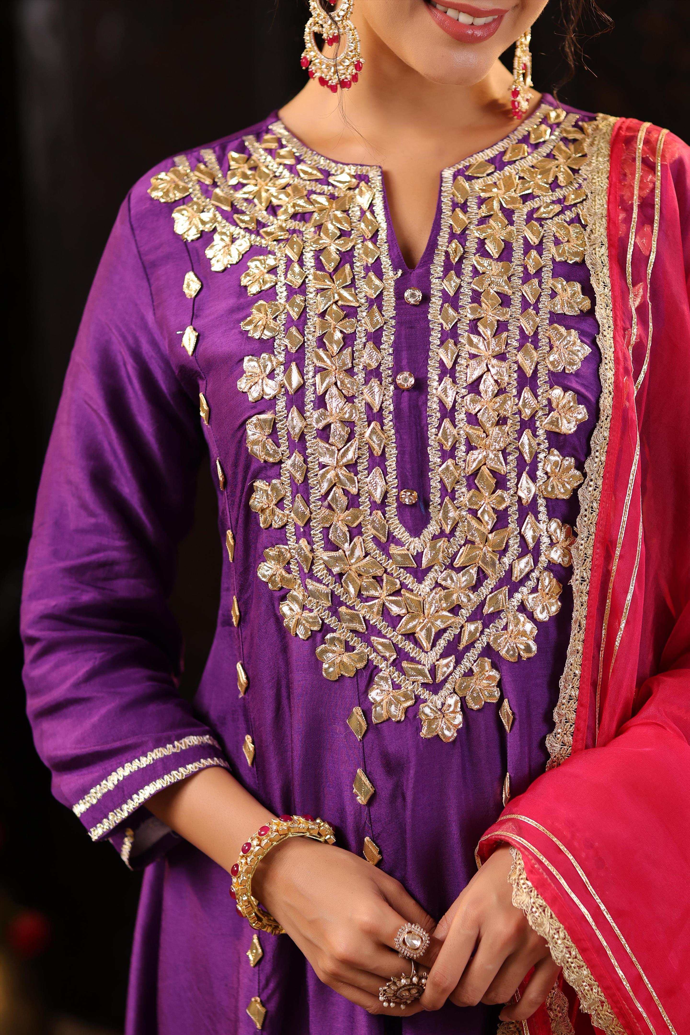 Purple-Fuchsia Dupion Silk Gota Work Anarkali Set