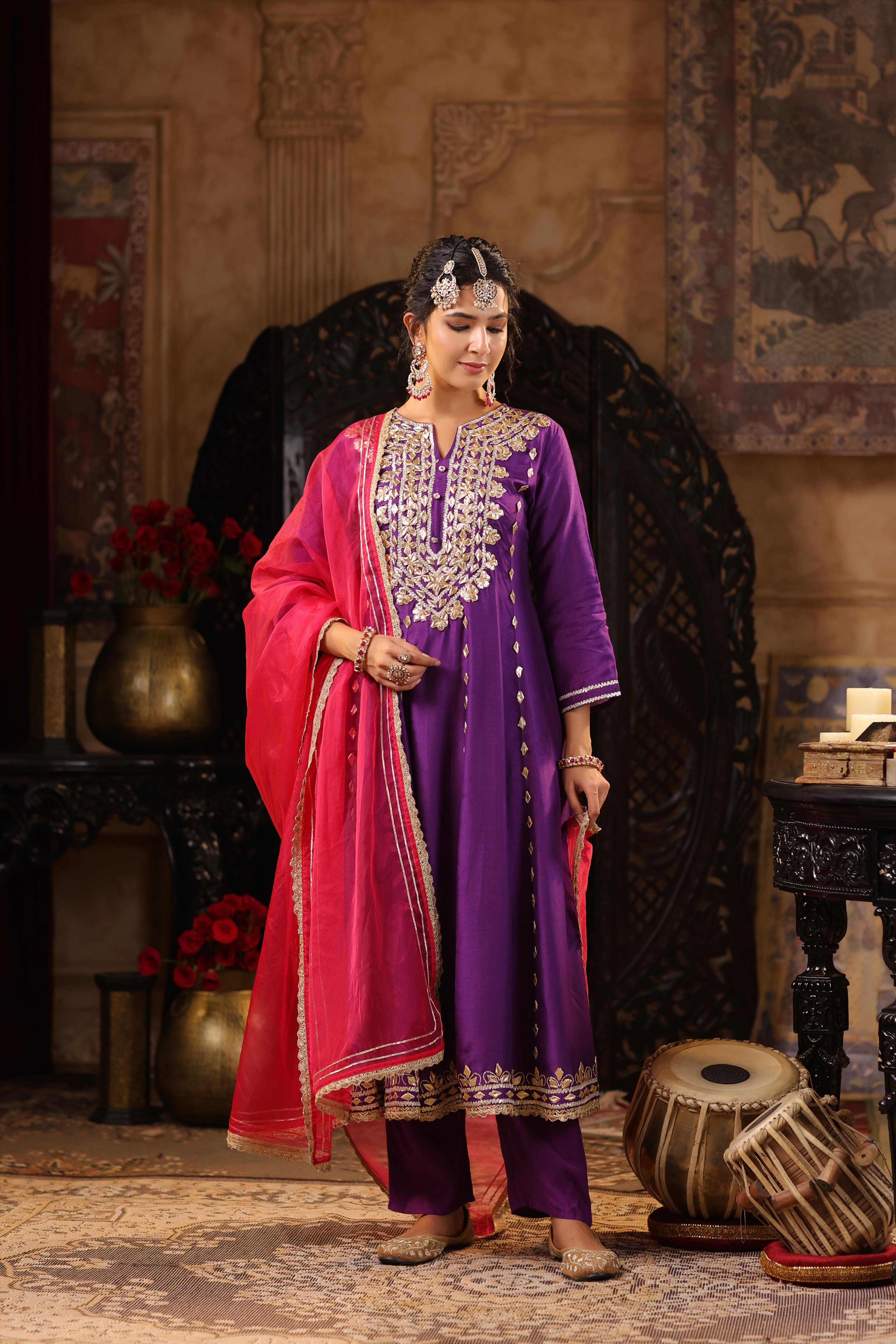 Purple-Fuchsia Dupion Silk Gota Work Anarkali Set