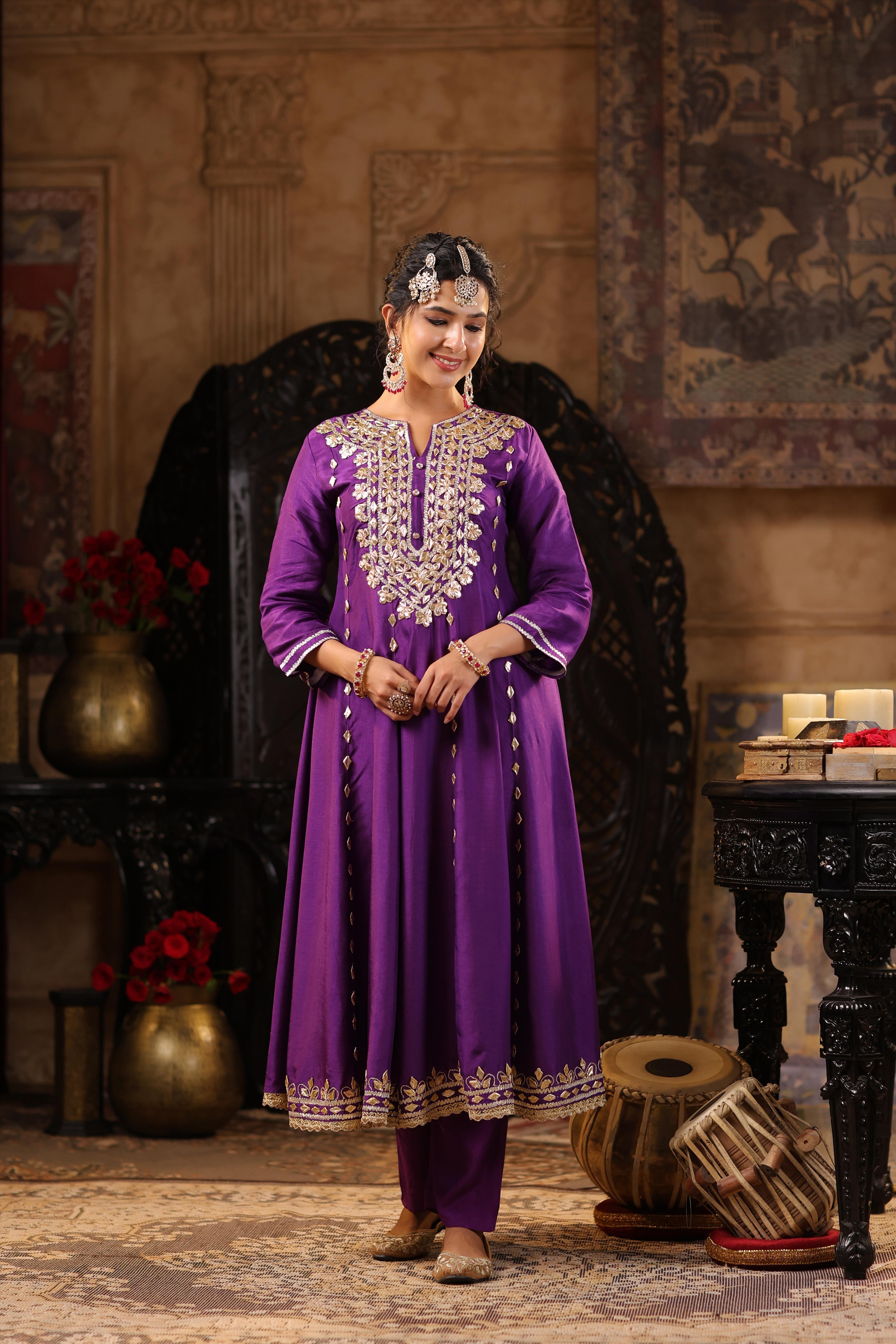 Purple-Fuchsia Dupion Silk Gota Work Anarkali Set