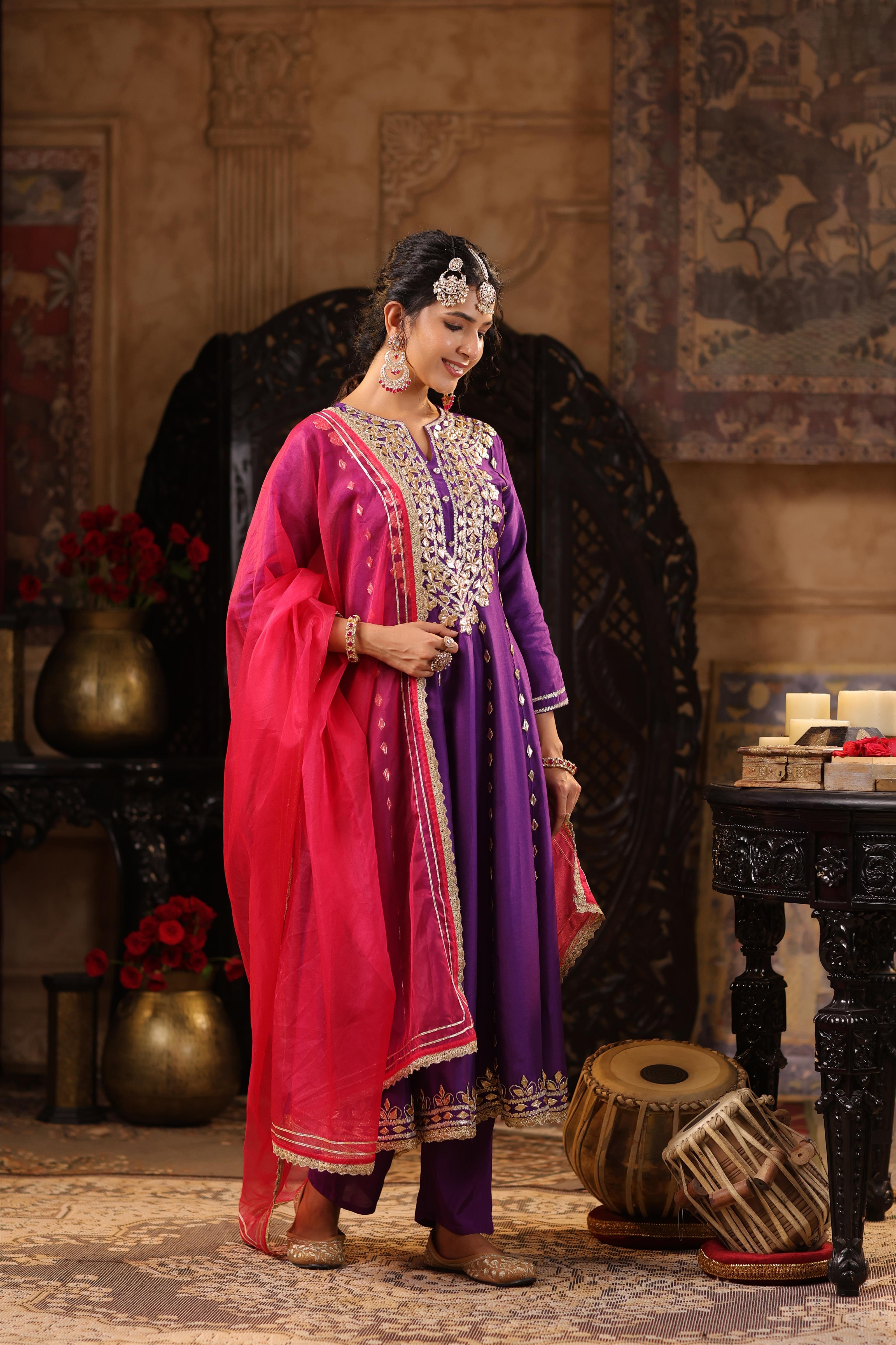 Purple-Fuchsia Dupion Silk Gota Work Anarkali Set