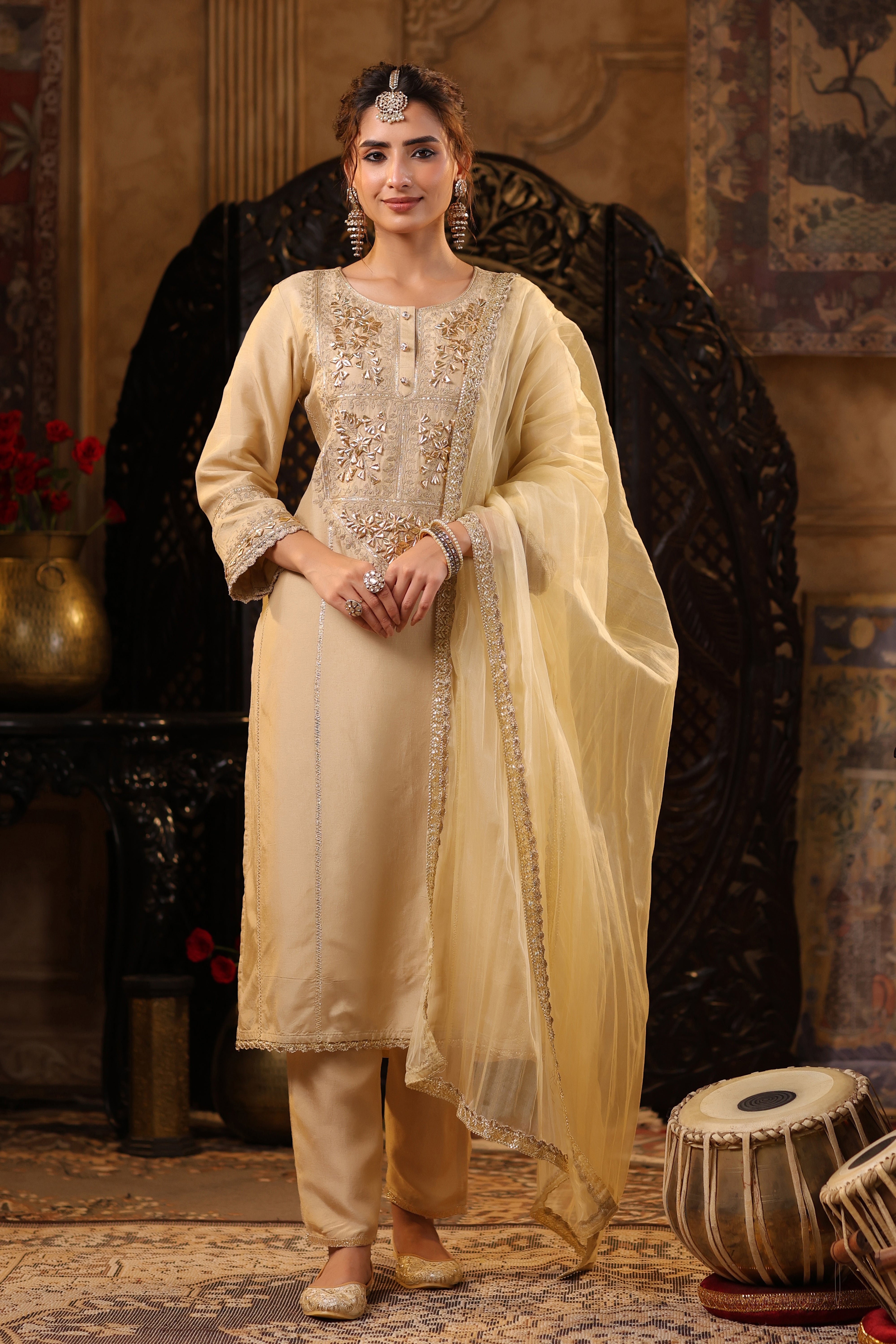 Beige Dupion Silk Gota-Dori Embroidered Suit Set