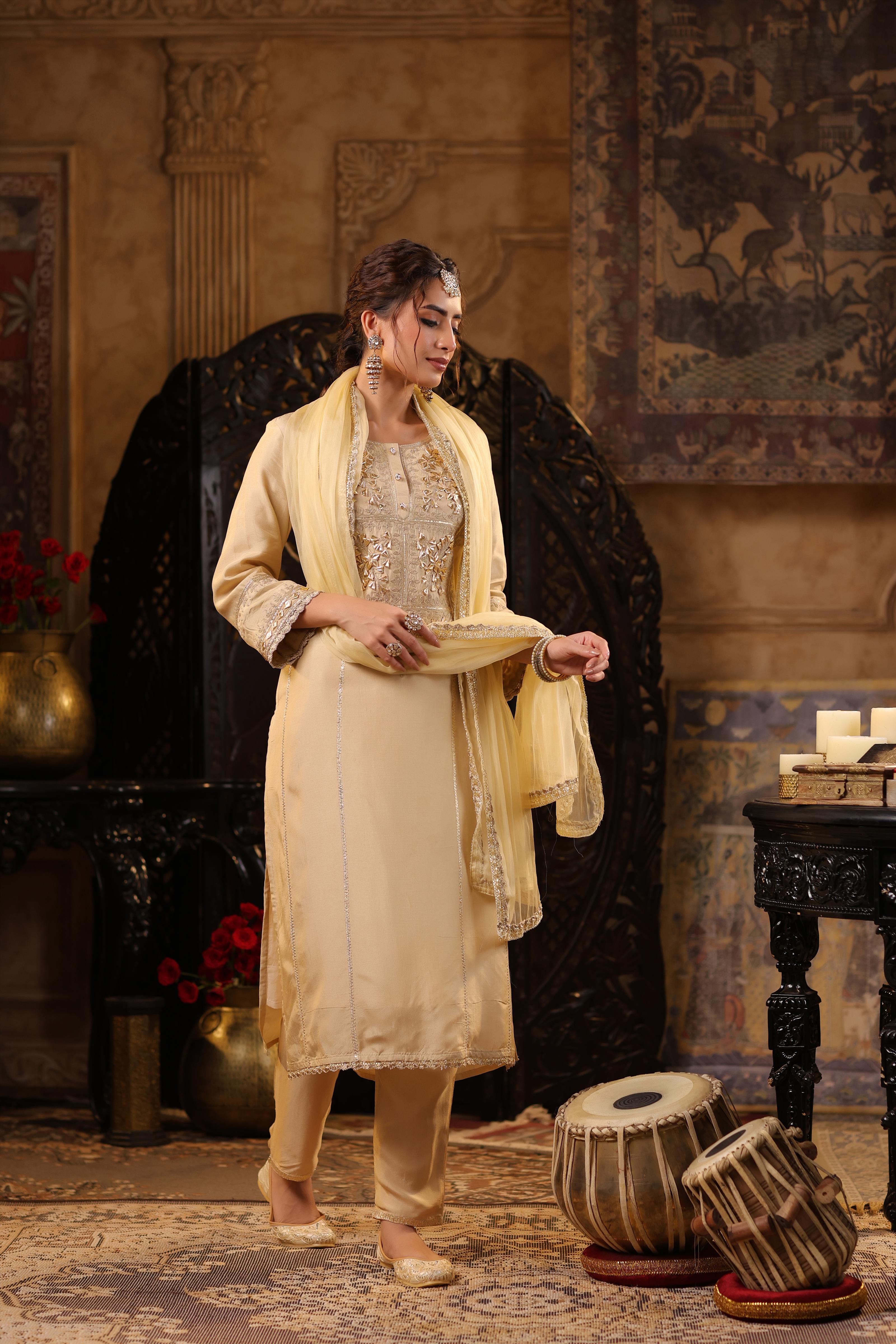 Beige Dupion Silk Gota-Dori Embroidered Suit Set