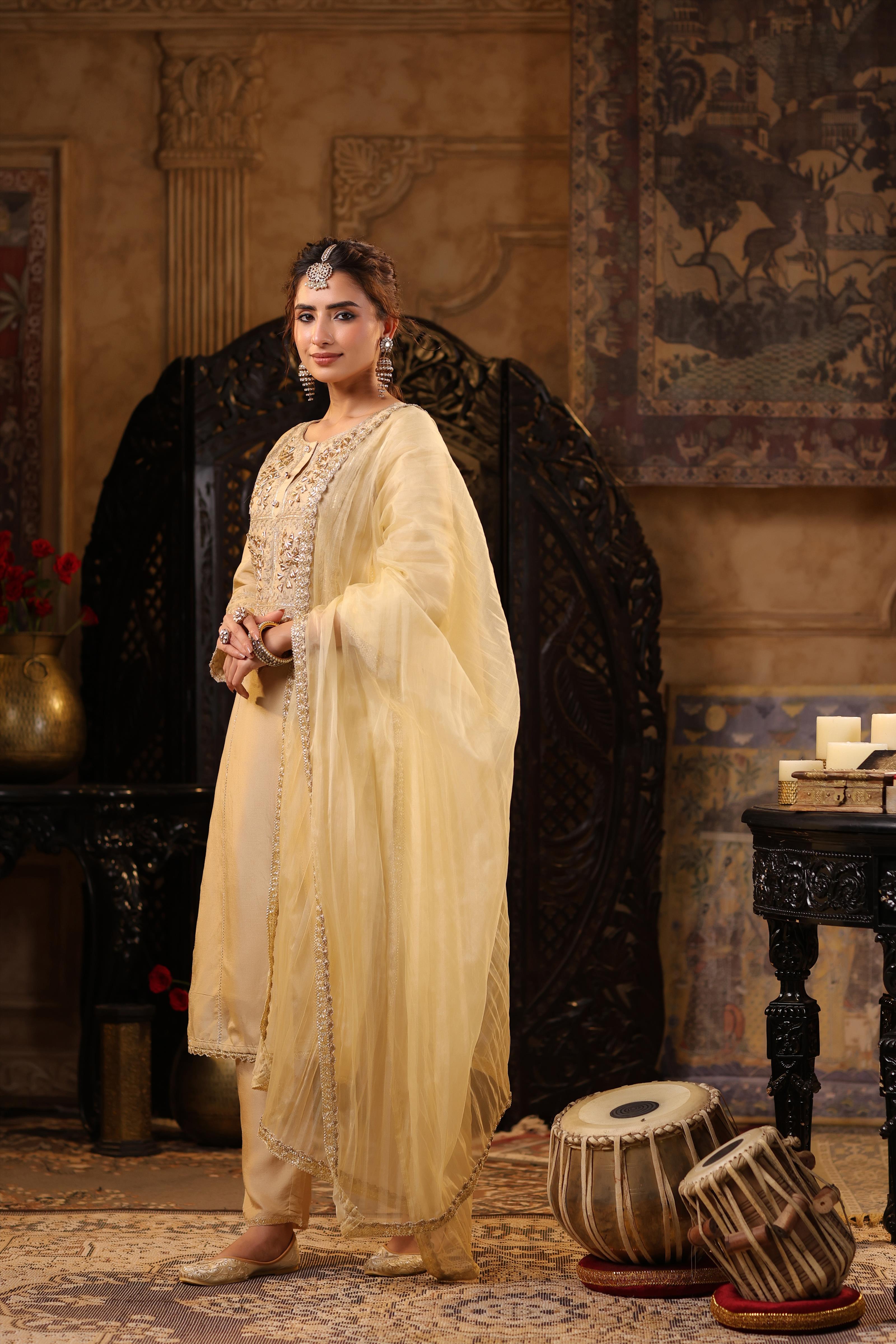 Beige Dupion Silk Gota-Dori Embroidered Suit Set