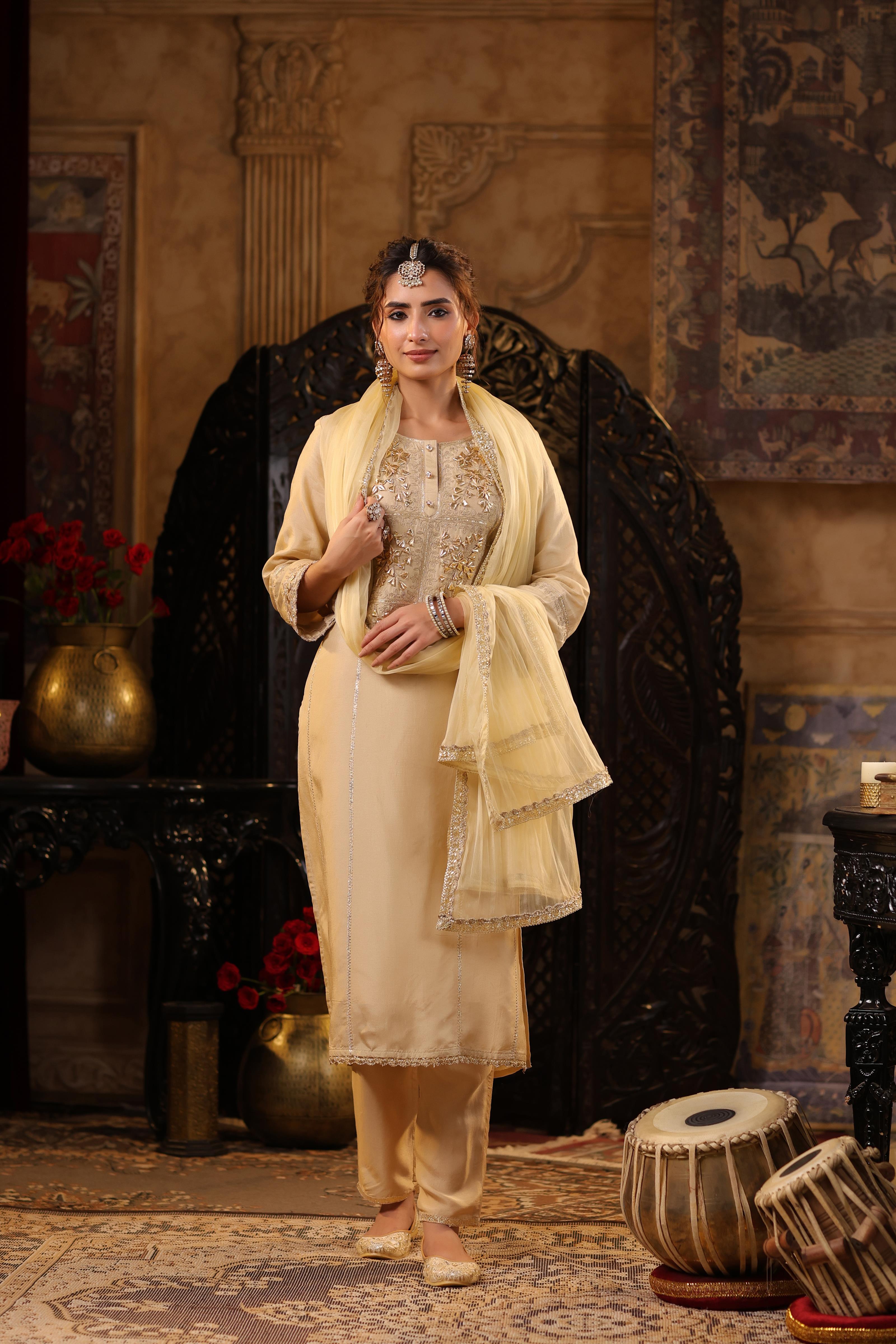 Beige Dupion Silk Gota-Dori Embroidered Suit Set