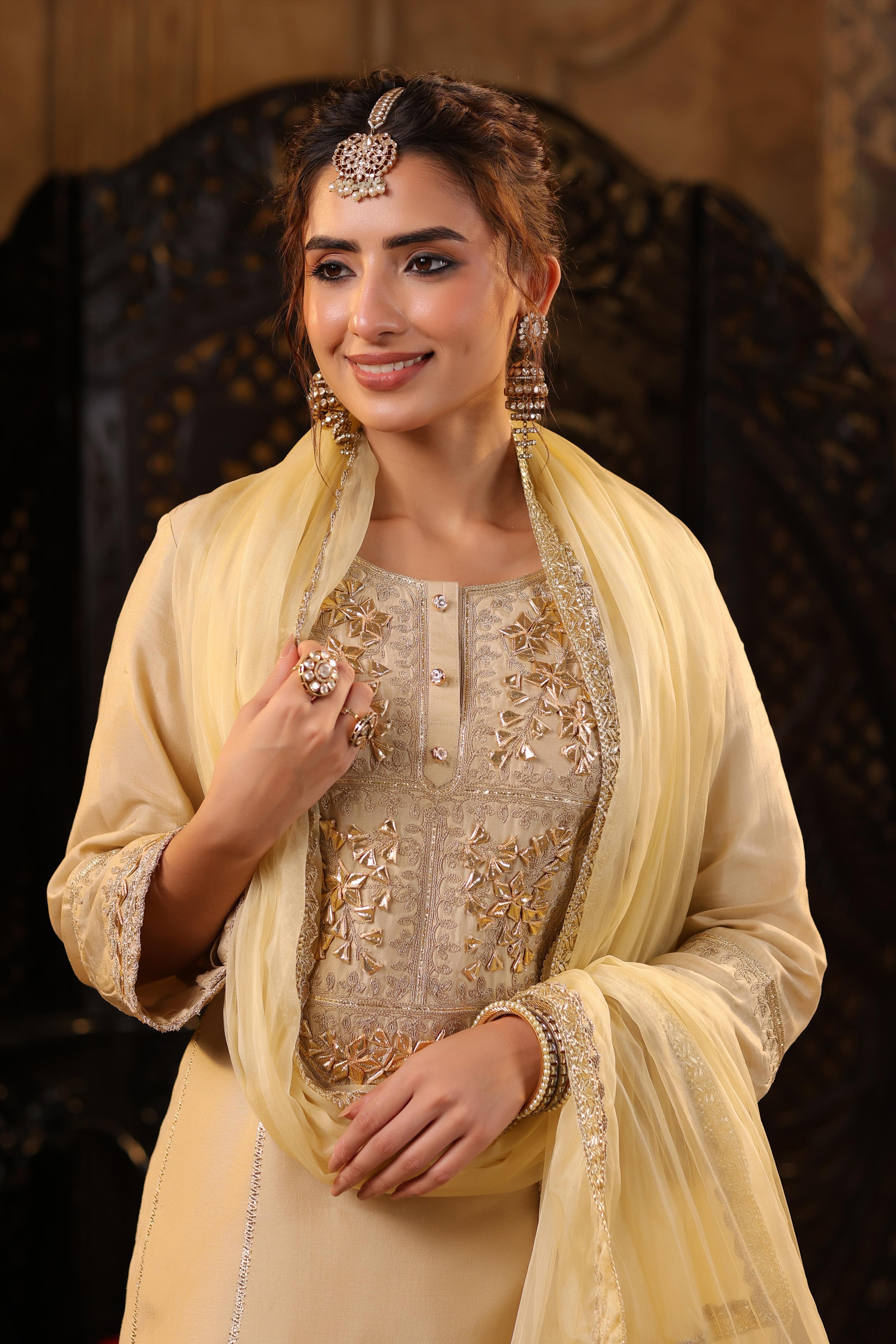 Beige Dupion Silk Gota-Dori Embroidered Suit Set