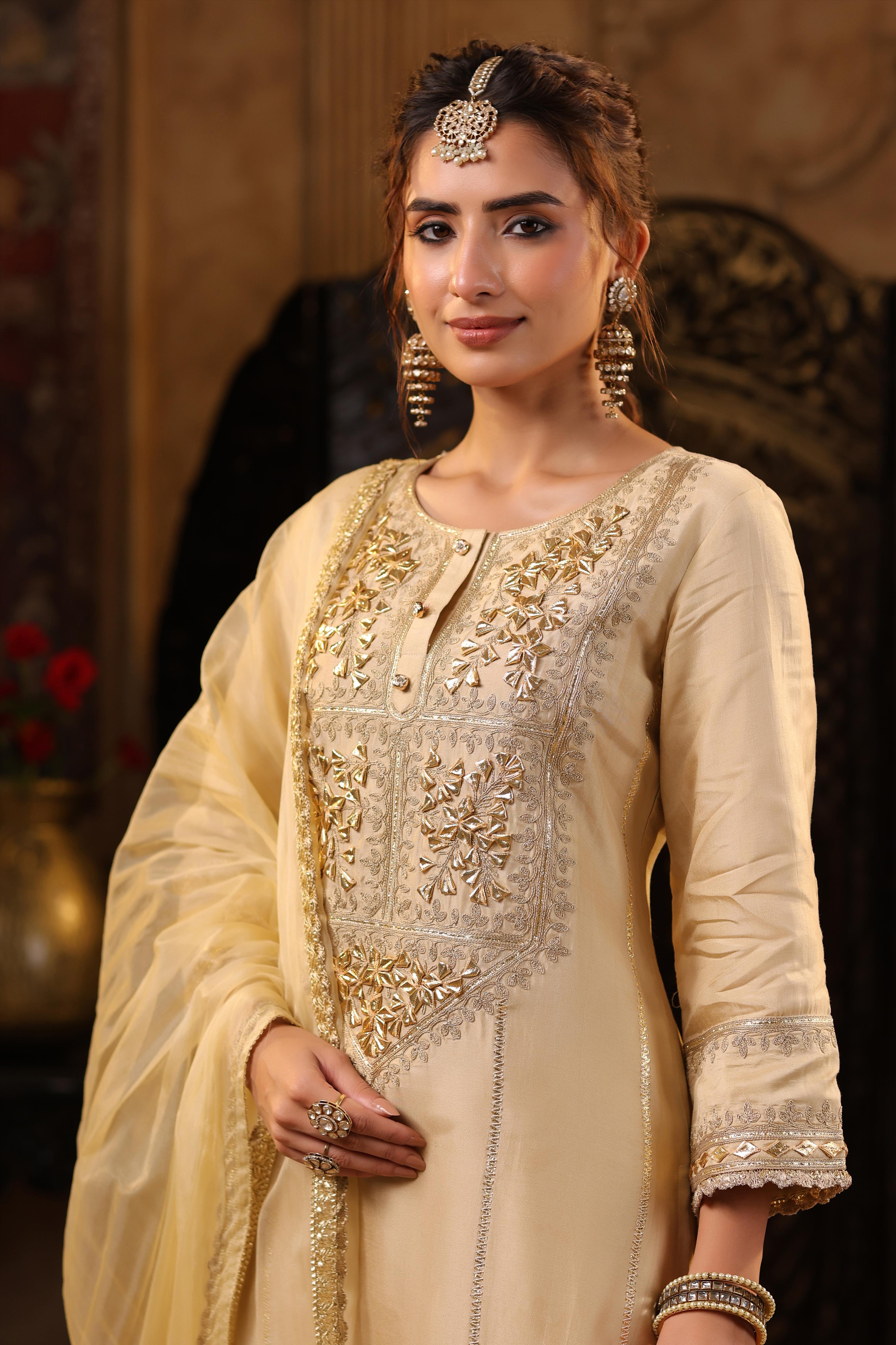 Beige Dupion Silk Gota-Dori Embroidered Suit Set