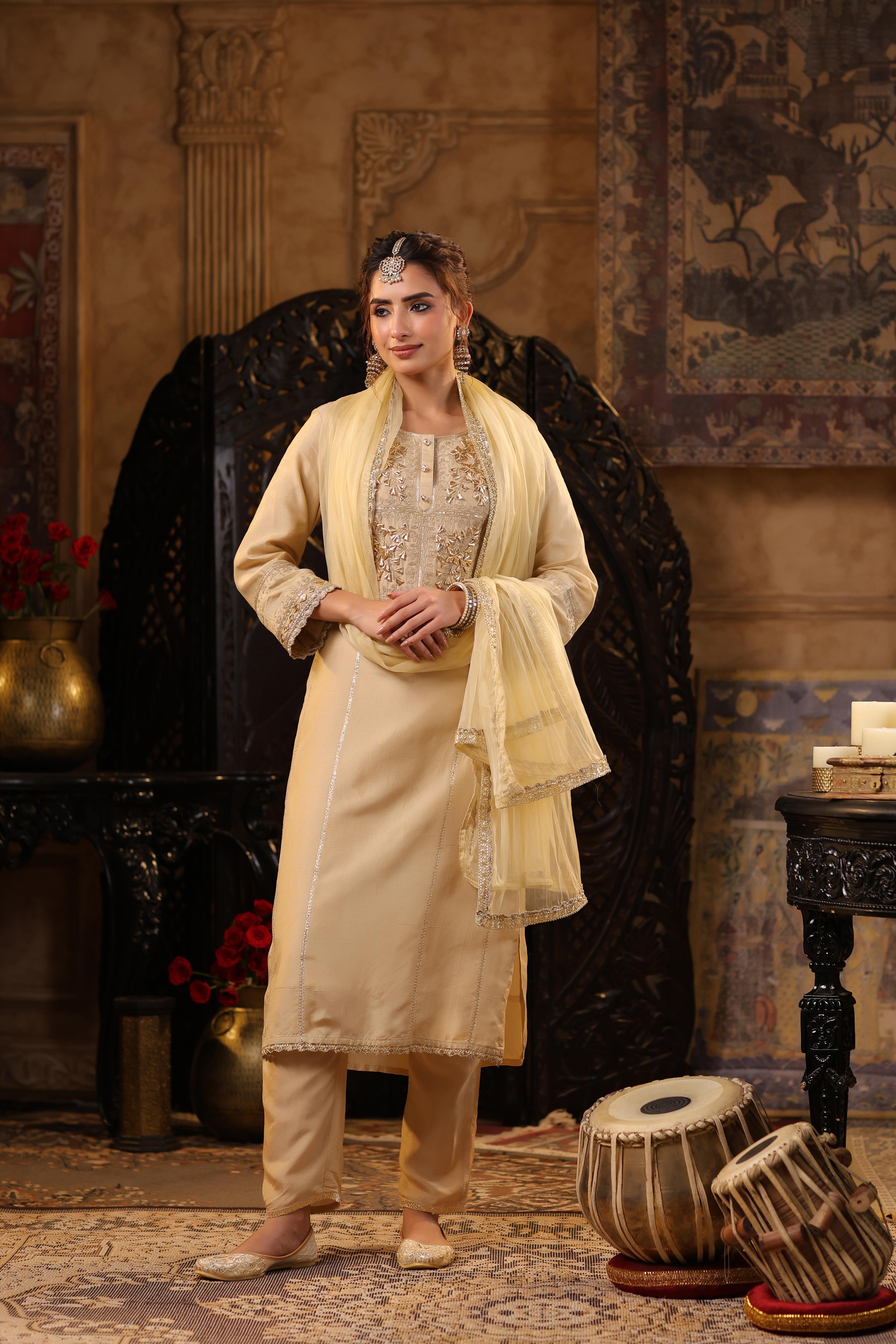 Beige Dupion Silk Gota-Dori Embroidered Suit Set